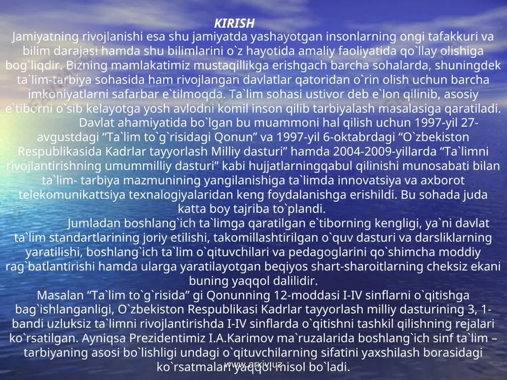 vchilari o`z faoliyatlarida foydalanishlari mumkin. tadqiqot obyekti: farg`ona shahridagi 16-o`rta umumta`lim maktabi o`qituvchilar va o`quvchilar faoliyati. www.arxiv.uz www.arxiv.uz bitiruv malakaviy ishi ikki bobdan iborat bo`lib, ishning asosiy qismi hisoblanadi. bitiruv malakaviy ishining birinchi bobi “og`zaki hisoblash malakasini shakllantiruvchi usullar” deb nomlanib, ko`proq nazariy jihatdan yondashilagan. birinchi bob 3 ta bo`limni o`z ichiga oladi, ya`ni bular: 1-bo`lim. o`n ichida og`zaki hisoblash malaksini shakllantirish. 2-bo`lim. yuz ichida og`zaki hisoblash malakasini shakllantirish 3-bo`lim. ming va ko`p xonali sonlar ichida og`zaki hisoblash malakalarini shakllantirish. bitiruv malakaviy ishining ikkinchi bobi “og`zaki hisoblash malakasini shakllantiruvchi didaktik materiallar” deb nomlanib, asosan amaliy jihatidan yondashilgan. bu bobda didaktik material tushunchasining mohiyati hamda uni qo`llash texnalogiyasi, turlari haqida so`z boradi. ikkinchi bob 4 ta bo`limni o`z ichiga oladi, ya`ni: 1-bo’lim. og’zaki hisoblash malakasini shakllantirishda ko’rgazmali vositalardan foydalanish. 2-bo`lim. og`zaki hisoblash malakasini shakllantiruvchi mashqlar. 3-bo`lim. og`zaki hisoblash malakasini shakllantiruvchi jadvallar. 4-bo`lim. og`zaki hisoblash malakasini shakllantirishda didaktik o`yinlardan foydalanish. 5- bo`lim. …