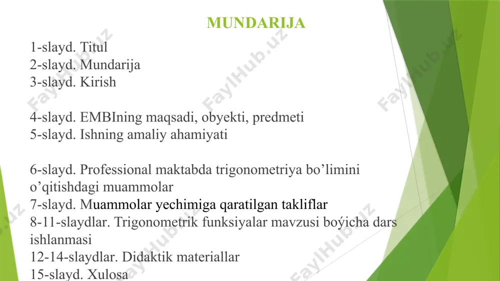rgonometriya bo’limini o’qitish jarayonidan iborat. ebmining predmeti professional maktablar matematikasining trigonometriya bo’limini o’qitishda o’quvchilar bilish faoliyatini faollashtirish metod va vositalaridan iborat. ebmining amaliy ahamiyati ebmi mavzusiga oid aniqlashtirilgan, tartiblangan,tizimlashtirilgan nazariy, amaliy ma’lumotlar, ishlab chiqilgan metodik tavsiyalar professional maktab matematika fani boshqa mavzularini o’qitish jarayoni samaradorligini orttirish hamda o’quvchilarning matematik bilim, ko’nikma va malakalarini rivojlantirishga, o’qituvchining predmet va metodik tayyorgarligini takomillashtirishga xizmat qiladi. professional maktabda matematikaning trigonometriya bo’limini o’qitishdagi muammolar trigonometriya bo’limini o’qitishda berilgan mavzular uchun ajratilgan soatlarning kamligi, ya’ni keng ko’lamli tushuntirish uchun dars soatlari yetarli ajratilmaganligi. o’quvchilarning dars va darsdan tashqari bilish faoliyatidagi faolligi yetarli darajada emasligi trigonometriya bo’limini o’qitishda nazariy ma’lumotlar amaliyotga bog’lanib tushuntirishga qaratilgan masalalarning darsliklarda keltirilmaganligi. professional maktabda matematikaning trigonometriya bo’limini o’qitishdagi muammolarni yechimiga qaratilgan takliflar “bilаmаn. bilishni хоhlаymаn. bilib оldim” mеtоdi ushbu metod tahsil oluvchilarga muayyan mavzular bo’yicha bilimlari darajasini baholay olish imkonini beradi. metodni qo’llash jarayonida tahsil oluvchilar bilan guruhli yoki ommaviy ishlash mumkin. …