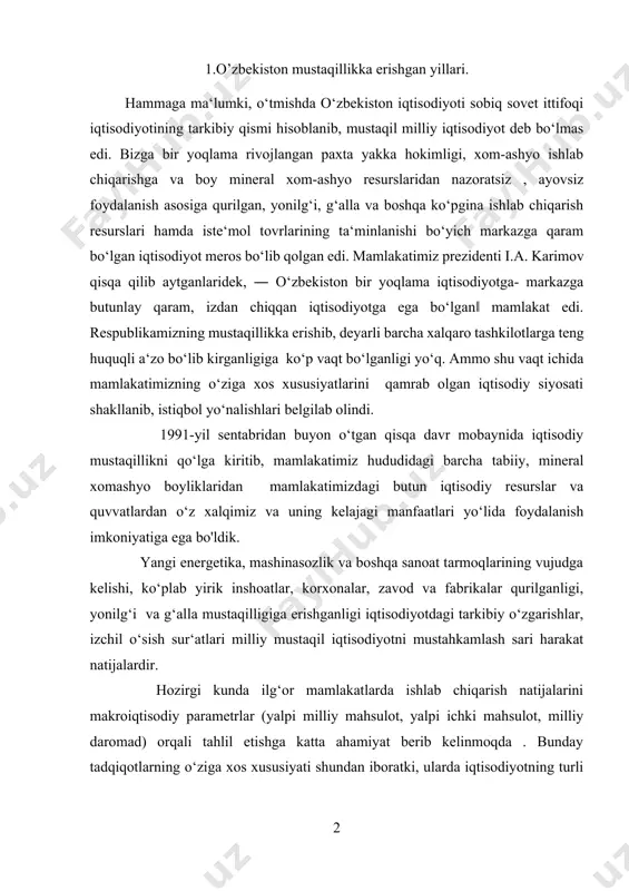 a ishlab chiqarish natijalarini makroiqtisodiy parametrlar (yalpi milliy mahsulot, yalpi ichki mahsulot, milliy daromad) orqali tahlil etishga katta ahamiyat berib kelinmoqda . bunday tadqiqotlarning o‘ziga xos xususiyati shundan iboratki, ularda iqtisodiyotning turli tarmoqlari o‘rtasidagi ishlab chiqarish aloqalari haqidagi statistic ma‘lumotlar batafsil tahlil qilinadi. shunday qilib, o‘zbekistonda bozor munosabatlariga asoslangan yangi, mustaqil rivojlanayotgan, o‘z xalqi, millati manfaatlariga xizmat qiladigan milliy iqtisodiyot shakllanib bormoqda. milliy iqtisodiyot, barcha tarmoqlar va sohalarni, mikro va makro iqtisodiyotlarni, funktsional iqtisodiyotni, ko‘plab infratuzilmalarni o‘z ichiga olgan yaxlit iqtisodiyotdir. 2.makroiqtisodiyot tushunchasi va uning mohiyati. makroiqtisodiyot - bu mamlakat miqiyosida moddiy ishlab chiqarish va nomoddiy so‘zlarini bir butun qilib olingan milliy iqtisodiyotdir. milliy ho‘jalikning tarkib topgan tuzilishi ijtimoiy mexnat taqsimoti rivojining natijasi hisoblanadi. makroiqtisodiyot o‘z ichiga xalq xo‘jaligining moddiy va nomoddiy ishlab chiqarish, hamda hizmat ko‘rsatish sohalarini oladi. moddiy ishlab chiqarish sohalari o‘z navbatida xalq xo‘jaligining ko‘plab yirik tarmoqlaridan iborat bo‘ladi. ular ishlab chiqarish vositalari va iste`mol buyumlari ishlab …
