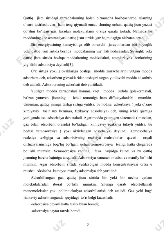 oki bug‘lanish issiqliklariga yaqin bo‘ladi. adsorbillangan molekula adsorbsion qavatda qancha vaqt davomida istiqomat qilishi adsorbsiya vaqti deb yuritiladi. bu kattalik adsorbillangan molekulaning adsorbent sirtida qancha vaqt turishini ko‘rsatadi. agar molekula bilan sirt orasida hech qanday tortilish kuchlari mavjud bo‘lmasa, bu vaqt kattaligi molekulaning tebranish davri, ya’ni10-12 -10-13 sekund chamasida bo‘ladi. agar molekula bilan sirt orasida tortishish kuchlari mavjud bo‘lsa, molekulaning sirtda tutib turgan kuchini sig‘ish uchun zarur energiya olgandagina molekula sirtidan ajralib chiqadi. adsorbsion ta’sirlashuvlar turi. adsorbent va adsorbat zarrachalari orasidagi ta’sirlashuvlar har xil bo‘lishi mumkin. adsorbsiya vaqtida molekulyar kuchlar ham tasir qiladi. bu asosan elektrokinetik kuchlar, ya’ni dispersion kuchlardir. har bir molekulada elektronlar zichligining ma’lum bir yo‘nalishi bo‘ylab xarakat qilishi tufayli molekulada dipol momentlar va kvadrupollari paydo bo‘ladi. bu dipollar molekulalarning bir -biriga yaqinlashuvida o‘zaro ta’sir etmasdan qolmaydi. yanada shu ta’sirlashuvlar natijasida umumiy tortishuv kuchlari vujudga keladi. bu kuchlar shuning uchun dispersion kuchlar deb aytiladiki, hosil bo‘lgan dipollar yorug‘likning …