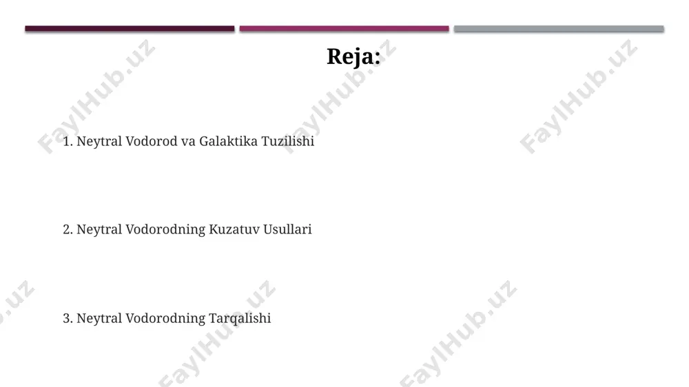 ulutlari, diametri 100 parsekdan ortiq bo'lgan kattaliklarda, lokaldagi bulut kompleksi singari, galaktika diskida tarqalgan. galaktikalararo muhitdagi neytral vodorod neytral vodorodning galaktikalararo muhitdagi zichligi o'rtacha 1 atom/sm³ ni tashkil etadi, ammo bu zichlik galaktikalar klasterlari va super klasterlar kabi hududlarda sezilarli darajada o'zgaradi, 10-100 marta ko'payadi. galaktikalararo muhitdagi neytral vodorodning 21 sm to'lqin uzunligidagi emissiyasi yordamida kashf etilganligi va bu emissiya koinotning katta miqyosdagi tuzilmalarini, masalan, somun yo'li galaktikasining atrofidagi gaz bulutlarini o'rganishda muhim ahamiyatga ega ekanligi ma'lum. whim (warm-hot intergalactic medium) deb ataladigan issiq va issiqroq ionlashgan gazlar bilan birga, neytral vodorod galaktikalararo muhitning muhim tarkibiy qismini tashkil qiladi va bu gazlarning umumiy massasi koinotning barcha ko'rinadigan moddasining taxminan 50 foizini tashkil etadi. neytral vodorodning ta'rifi neytral vodorodning zichligi galaktikalarda bir xil emas, masalan, spiral qo'llarida zichroq, markazda esa kamroq bo'lishi mumkin. bu zichlik farqlari milliardlab yillar davomida galaktika dinamikasini aniqlaydi. 21 sm to'lqin uzunligidagi radio chiqarilishini kuzatish orqali, astronomlar …