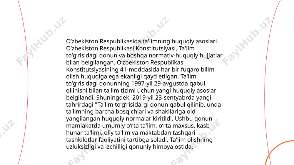 texnologiyalar orqali ta'lim jarayoni samaradorligini 25% ga oshirish mumkinligi tahlil etilgan. ... t.me/slaydai_bot 7. ta'lim sifati monitoringi va xalqaro tajriba. 7. ta'lim sifati monitoringi va xalqaro tajriba mavzusida ta'lim sifatini baholash, ilmiy tadqiqotlar, xalqaro reytinglar hamda test natijalarining ahamiyati katta. pirls, pisa va timss kabi xalqaro baholash dasturlari jamiyatlardagi o'quvchilarning bilim va ko'nikmalarini solishtirish hamda rivojlantirish maqsadida o'tkaziladi. masalan, 2018-yilda pisa baholashida 79 mamlakat o'quvchilari ishtirok etdi. ushbu testlarda xitoy va singapur kabi davlatlar yuqori natijalar ko'rsatib, ta'lim sifati bo'yicha global liderlar qatoridan joy oldi. o'zbekistonda esa, ta'lim sifatini oshirish maqsadida mahalliy imkoniyatlar bilan birga xalqaro tajribaga ham e'tibor qaratilmoqda, ta'lim tizimini modernizatsiya qilish amaliyoti kuchaytirildi. bu jarayonlar mamlakatda ta'lim natijadorligini oshirish, o'qituvchilarning malakasini mustahkamlash va o'quv dasturlarini yangilash kabi sohalarda o'z aksini topmoqda. ... t.me/slaydai_bot masofaviy ta'lim imkoniyatlarini kengaytirish bo'yicha o'zbekistonda ko'plab chora-tadbirlar amalga oshirilmoqda. 2020-yilda covid-19 pandemiyasi sababli o'zbekistonda ta'lim jarayonining 80% dan ortig'i masofaviy formatga o'tdi. oliy …