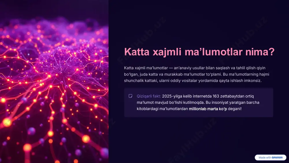 mi, narxi, miqdori). • qulaylik: sql tillari yordamida oson so‘rov va tahlil qilinadi, chunki ularning tuzilishi aniq va tushunarli. https://gamma.app/?utm_source=made-with-gamma https://gamma.app/?utm_source=made-with-gamma katta xajmli ma’lumotlar turlari: yarim strukturalangan ma’lumotlar yarim strukturalangan ma’lumotlar qisman tashkil etilgan bo‘ladi, lekin qat’iy sxemaga ega emas. ular strukturalangan ma’lumotlar kabi qoidalarga rioya qilmaydi, lekin ma'lumotlar ichida belgilashlar yoki teglar orqali ma'lum bir tartibga ega. • misol: json (javascript object notation) va xml (extensible markup language) formatidagi ma’lumotlar, veb-sahifalardagi ma’lumotlar. • manbalar: internet va ijtimoiy tarmoqlardan keladigan ko‘plab ma’lumotlar, jumladan, log fayllar, elektron pochta xabarlari, shu turga kiradi. https://gamma.app/?utm_source=made-with-gamma https://gamma.app/?utm_source=made-with-gamma katta xajmli ma’lumotlar turlari: strukturalanmagan ma’lumotlar strukturalanmagan ma’lumotlar oldindan belgilangan tuzilmasi yo‘q bo‘lgan ma'lumotlardir. ularni tahlil qilish ancha murakkab, chunki ularni bevosita jadvallarga joylashtirib bo'lmaydi. bu ma’lumotlar inson tomonidan oson tushuniladi, lekin kompyuterlar uchun qayta ishlash qiyinroq. • misol: video fayllar, audio yozuvlar, suratlar, ijtimoiy tarmoqlardagi postlar, elektron pochta matnlari, matnli hujjatlar (pdf, word). • hajmi: katta …