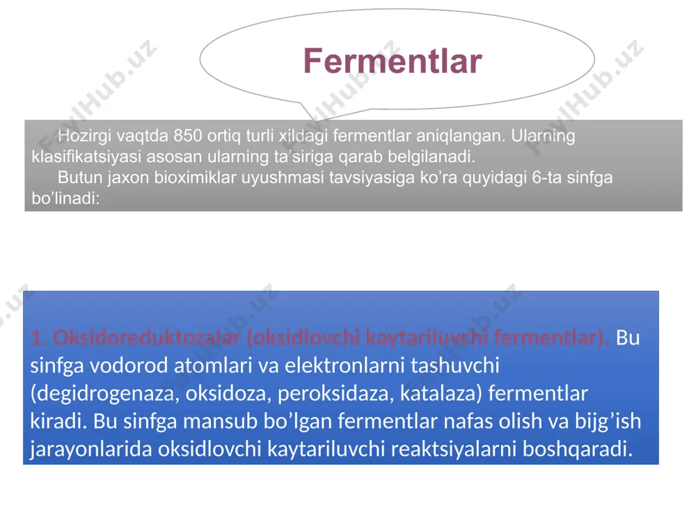 2 - oksalatkarboksiliaza); al’dolaza (4.1.2.7 – ketozo – 1 – 1 - fosfat aldegidliaza). uglerod - kislorod liazalar. bu kichik sinf fermentlari s – o bog’larni uzishga aloqador reaktsiyalarni katalizlaydi. misol: fumaratgidrataza (4.2.1.2 - malatgidroliaza). uglerod – azot liazalar c – h bog’larni uzadi. ular malekulardagi dezaminlanish reaktsiyalarini katalizlaydi. misol: aspartatammiakliaza (4.3.1.1 - aspartatammiakliaza). uglerod – oltingugurt liazalar organizmda desul’furlanish reaktsiyalarini amalga oshiradi. misol: tsisteindesul’fgidraza (4.4.1.1 – tsisteinvodorodsul’fidliaza, dezaminlaydigan). uglerod – galogen liazalar. bu kichik sinfga kiruvchi fermentlar uglerod – galogen bog’larini uzadi. misol: ddt – dixlorgidraza (4.3.1.1, 1.1.1 – trixlor – 2 – 2 – bis, n – xlorfenil, etangidroxloridliaza). ch r-c c-oh c-oh ch hc h o h o + ch r-c c=o c=o ch hc + 2h2o peroksidaza perekis vodorod yordamida polifenolim oksidlanishi natijasida xinon va suv hosil bo’ladi. image1.jpeg