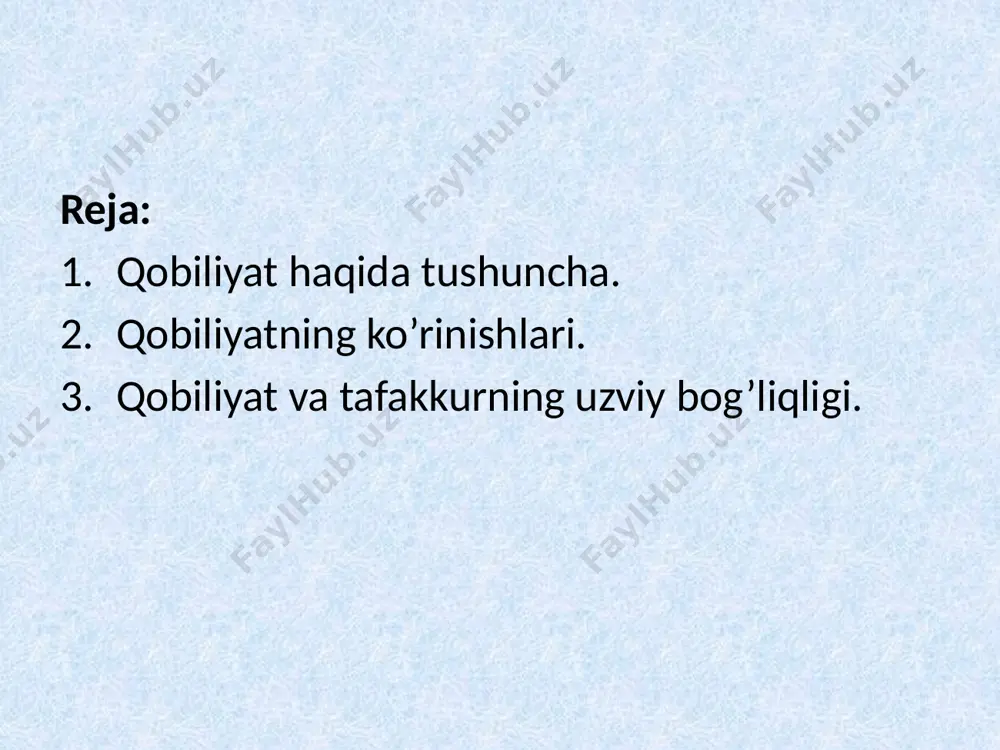 nsonning turli faoliyatlari muvaffaqiyatini ta’minlovchi aqliy qobiliyatlar xotira va nutqning rivojlanganligi, qo‘l harakatlarini aniqligi va boshqa xususiyatlardan iborat. badiiy qobiliyat sensor obrazli fikrlashning alohida rivojlangan bo‘limini, o‘tkir emotsional ta’sirchanlik va reaktivlikni talab qiladi. bu qobiliyatga tasvirlash, musiqaviy, artistik va adabiy qobiliyatlar kiradi. amaliy qobiliyat praktik aqlning yuksak darajada rivojlanganligini, fahm-farosatning kuchliligi, iroda va yetuk kirishuvchanlikni o‘z ichiga oladi. ilmiy qobiliyat abstrakt, evristik fikrlashning yuksak rivojlangan bo‘lishini, og‘zaki mantiqiy xotirani, qat’iyat va sabr-toqatni talab qiladi. matematik qobiliyat matematik materiallarni umumlashtirish, mulohaza yuritish jarayonini qisqartirish, matematik ish amallarini kamaytirish, masalani idrok qilish bilan natijasi o‘rtasida aloqa o‘rnatish, to‘g‘ri va teskari fikr yuritishdagi yengillik, unumlilik, masala yechishda fikr yuritishni epchilligi kabilar. adabiy qobiliyat nafosat hislarining yuksak taraqqiyoti darajasi xotirada yorqin ko‘rgazmali obrazlarning jonligini, «til zehni», behisob xayolan ruhiyatga qiziquvchanlik, intiluvchanlik va boshqalar. i.p.pavlov tomonidan ishlab chiqilgan tipologiyani quyidagicha tushuntirish mumkin: 1) shaxs faoliyatida birinchi signallar tizimining signallari nisbatan ustunlik qilsa, bu inson «badiiy» …