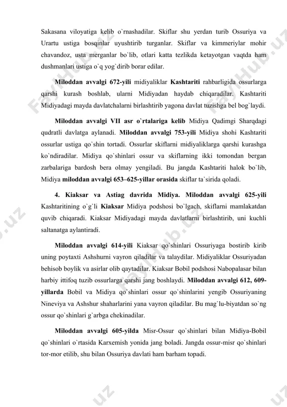 o`ng shimoliy mesopotamiyada ossuriya yerlari midiya ixtiyoriga o`tadi. kiaksar bobil bilan do`stlikni mustahkamlash uchun qizini bobil podshosi nabopalasarning o`g`li navuxodonosor ii ga nikohlab beradi. ikki davlat o`rtasida yaqin do`stlik hukm suradi. kiaksar janubda persuani, sharqda parfiyani, g`arbda esa kichik osiyoning galis daryosigacha bo`lgan yerlarni midiyaga qo`shib oladi. miloddan avvalgi 590–585-yillar orasida lidiya – midiya urushi sodir bo`ladi. rivoyatga ko`ra miloddan avvalgi 585-yil 28 may kuni quyosh tutiladi. bu hodisadan ikki tomon lashkarlari vahimaga tushib qurollarini tashlab jang maydonidan qochadilar. shundan keyin urush to`xtab, tinchlikka asoslangan sulh shartnomasi tuziladi. o`rtadagi gina-kuduratga chek qo`yish maqsadida midiya shahzodasi astiag lidiya shohi alittaning qiziga uylanadi. miloddan avvalgi 585-yili kiaksar vafot etib, midiya taxtini uning o`g`li astiag egallaydi. astiag davrida bobil bilan midiya o`rtasidagi munosabat buzilib, qonli janglar boshlanadi. bu urushlar har ikki tomonni zaiflashtiradi. forslar kayxusrav boshchiligida qo`zg`olon ko`tarib, miloddan avvalgi 550-yili astiag qo`shinlarini tor-mor etadilar. midiya davlati eronga qo`shib olinadi va barham topadi. …