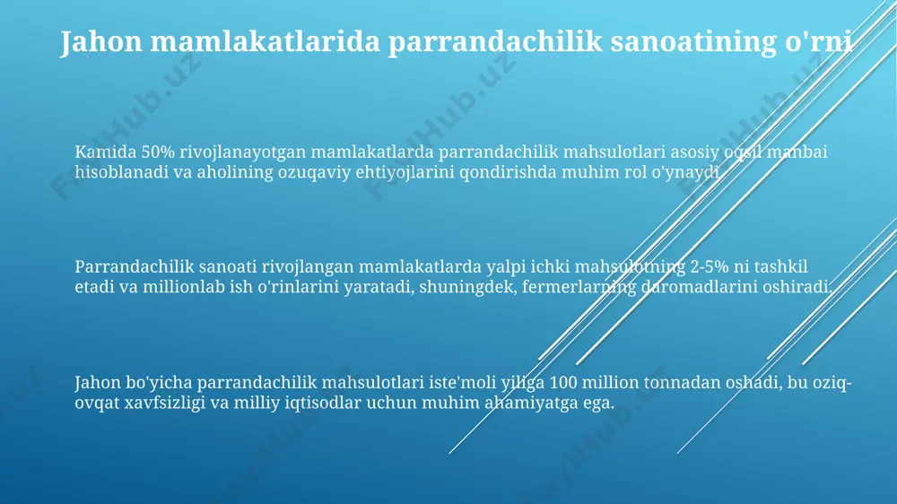 atlar orasida braziliya, aqsh va evropa ittifoqi davlatlari yillik 10 million tonnadan ortiq mahsulot yetkazib berish bilan ajralib turadi. globallashuv va parrandachilik sanoati qishloq xoʻjaligi ish oʻrinlarining 30% dan ortigʻini parrandachilik tarmogʻi taʼminlaydi, ayniqsa rivojlanayotgan mamlakatlarda kambagʻallikni kamaytirishga yordam beradi. parrandachilik sanoati global yalpi ichki mahsulotga (yaim) sezilarli hissa qoʻshadi, baʼzi mamlakatlarda bu koʻrsatkich 5% dan yuqori. jahon boʻyicha parrandachilik mahsulotlari isteʼmoli yiliga 130 milliard tonnadan oshadi, bu oziq-ovqat taʼminotida muhim oʻrin tutishini koʻrsatadi. e'tiboringiz uchun rahmat @taqdimot_robot