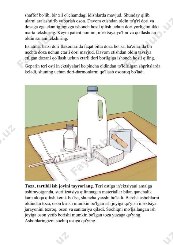 uchun dominant bo'lmagan qo'lingizdan ehtiyotkorlik bilan foydalaning. uni teskari ushlab turing. flakonning rezina diafragmasiga tegmaslikka ehtiyot bo'ling, u steril bo'lib qolishi kerak. ignani kauchuk sekingina kirgizing. bu vaqtda shpritsingizda havo bo'lishi kerak. dori flakoniga havo yuboradigan dastakni bosing. havo suyuq dori orqali flakonning eng yuqori nuqtasiga ko'tarilishi kerak. bu ikkita maqsadga xizmat qiladi - birinchidan, u shpritsni bo'shatadi va dori bilan birga havo pufakchalari kiritilmasligini ta'minlaydi. ikkinchidan, flakondagi havo bosimini oshirib, dori-darmonlarni shpritsga tushirishni osonlashtiradi. dori-darmonlarni shpritsga torting. igna uchi flakon ichidagi havo cho‘ntagiga emas, suyuq dori ichiga botganligiga ishonch hosil qilib, kerakli dozaga yetguncha pistonni sekin va muloyimlik bilan torting. · havo pufakchalarini yuqoriga ko'tarish uchun shpritsning yon tomonlariga urishingiz kerak bo'lishi mumkin, so'ngra pistonni sekin bosib havo pufakchalarini chiqarib, havo pufakchalarini dori flakoniga qaytarishingiz kerak. agar zarur bo'lsa, oldingi bosqichni takrorlang. dori-darmonlarni shpritsga tushirish va havo pufakchalarini chiqarish jarayonini shpritsda havo pufakchalarisiz kerakli dozaga ega bo'lguningizcha takrorlang. shpritsingizdan …