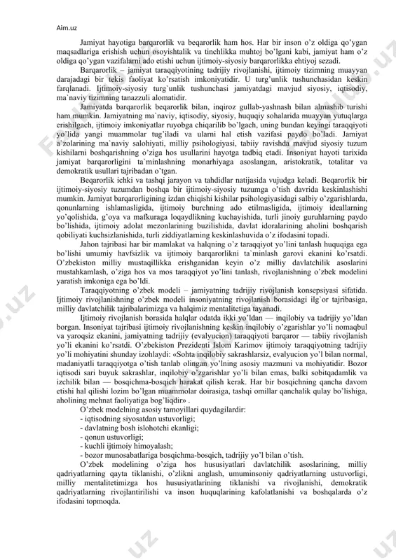 . kishilar tamonidan siyosiy va huquqiy bilimlarning chuqur o’zlashtirilishi jamiyatning barqaror yashashi va rivojlanishida muhim ahamiyat kasb etadi. jamiyat rivoji, kishilarning moddiy va ma`naviy ehtiyojlari qondirilishida mehnat, mulk va mehnatning ijtimoiy taqsimlanishi beqiyos ahamiyatga ega. mehnatning kishilarning qobiliyatiga qarab ijtimoiy taqsimlanishi natijasida muayyan kasb-kor bilan shug`ullanadigan toifalar, guruh, qatlam va sinflar vujudga keladi va ular jamiyat strukturasida o’ziga hos o’rin egalaydi, jamiyat taraqqiyotiga muayyan hissa qo’shadi. jamiyat taraqqiyoti tug’risidagi nazariyalar. falsafiy tafakkur tarixida jamiyatning mohiyati va rivojlanishiga oid turli nazariyalar mavjud. hususan, nemis faylasufi hegel jamiyatning shakllanishi va rivojlanish sabablarini mutlaq ruhning rivojlanishi bilan, l. feyerbah din bilan bog`lagan, ijtimoiy taraqqiyot sabablarini diniy ong taraqqiyotidan izlagan. fransuz mutafakkiri o. kont jamiyatning rivojlanish sabablarini insoniyat ma`naviy taraqqiyotining uch bosqichi (teologik, metafizik, pozitiv bosqichlar) bilan izohlagan. k. marks jamiyatning rivojlanish sabablarini sinfiy kurash va inqilobiy o’zgarishlar bilan bog’lagan, barcha ijtimoiy hodisa va jarayonlarni sinfiy nuqtai nazardan tushuntirgan. ijtimoiy ziddiyatlarni sun`iy ravishda mutlaqlashtirgan …