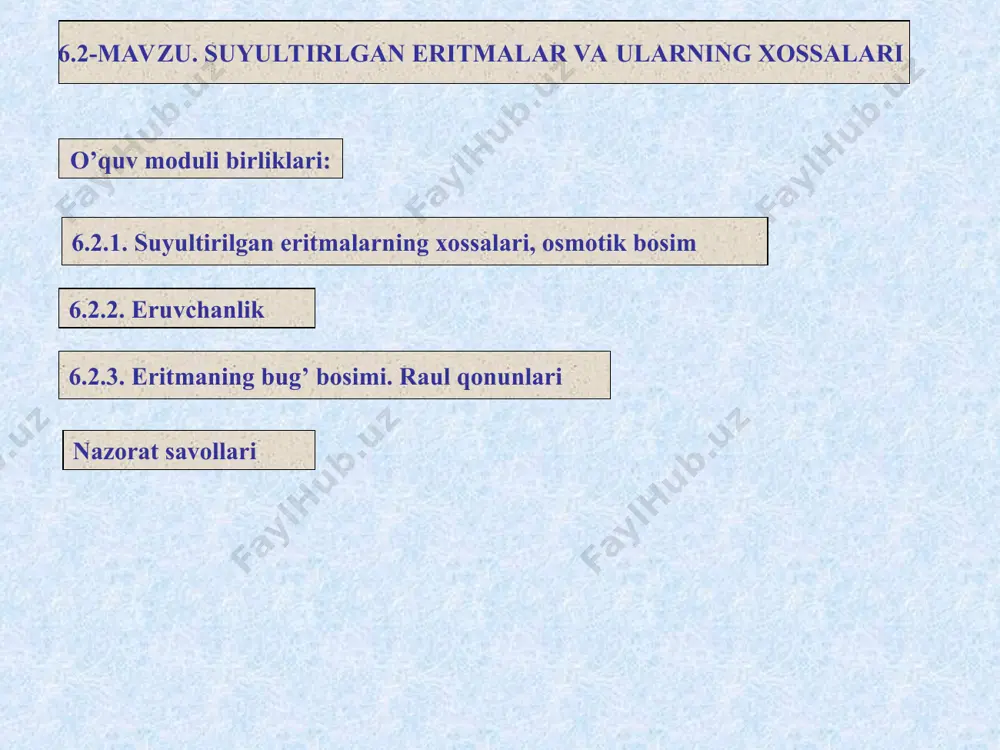 eritmalarning xossalari, osmotik bosim * 7 agar erituvchi bilan eritma o’rtasiga yarim parda qo’ysak, bu parda orqali erituvchi eritmaga o’tib, uni suyultira boshlaydi. erituvchining yarim parda orqali o’tish jarayoni osmos hodisasidir. osmos ikki xil sababga ko’ra kuzatiladi. birinchidan, toza suvda suv molekulalarining konsentratsiyasi eritmadagiga qaraganda yuqori bo’ladi. ikkinchidan, eritmada suv molekulalari eruvchi modda molekulalari bilan birikib, gidratlar hosil qiladi. suyultirilgan eritmalarda osmos eruvchi va erituvchi moddalar xiliga emas, asosan eritmaning hajm birligida eruvchi modda zarrachalari soniga bog’liq bo’ladi. eritma bug’i bosimining toza erituvchi bug’ bosimiga qaraganda past bo’lishi bilan osmos hodisasi orasida yaqin bog’lanish bor. osmosni miqdoriy xarakterlash uchun osmotik bosim tushunchasi bilan tanishamiz. faraz qilaylik 10.1-rasmda tasvirlanganidek ikkita idish olib, katta idishga toza suv, tubi yarim o’tkazgich parda bilan qoplangan naysimon kichik idishga qand eritmasi solinadi. kichik idish katta idishga tushirilganligi uchun unga yarim o’tkazgich parda orqali suv o’tib, naycha ichida suyuqlik sirti ko’tarila boshlaydi. binobarin, eritma ustidagi gidrostatik …