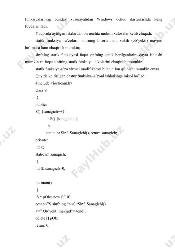 rcpy(stil_treugolnik, “turli tomonli”); cout <<”\n uchburchak turi :”<<stil_treugolnik; } int main(int argc, char* argv[]) { triangle info; info.vvod(); info.schitat(); getch(); return 0; } nazorat savollari grade sinfi element lari. "b+" kabi qatordan gradus yasaydigan konstruktorni ta’minlang. graduslarni ularning raqamli qiymatlariga o‘giradigan funksiya ham sizga kerak bo‘ladi. (masalan, "b+" dan 3.3 kelib chiqadi). p9.13 davlat nomi, uning aholisi va maydonini saqlaydigan davlat sinfini aniqlang. ushbu sinfdan foydalanib, davlatlar guruhini o‘qiydigan va chop etadigan dastur yozing. • eng katta maydonli davlat. • aholisi eng ko‘p davlat. • aholi zichligi eng katta davlat (har bir kilometr yoki mil maydonga aholi zichligi). p9.14 e-mail xabarlarini tuzadigan xabar sinfini yarating. xabarning qabul qiluvchisi, yuboruvchisi va matni bo‘ladi. quyidagi kompleks funksiyalarni qo‘llab quvvatlang: • yuboruvchi va qabul qiluvchini oladigan, vaqt shtampini joriy vaqtga o‘rnatadigan konstruktor • matn qatorini xabarga qo‘shadigan yoz uvlar qo‘shish kompleks fu nksiyas i • xabarni bitta uzun qatorga tuzuvchi to_string kompleks funksiyasi, …