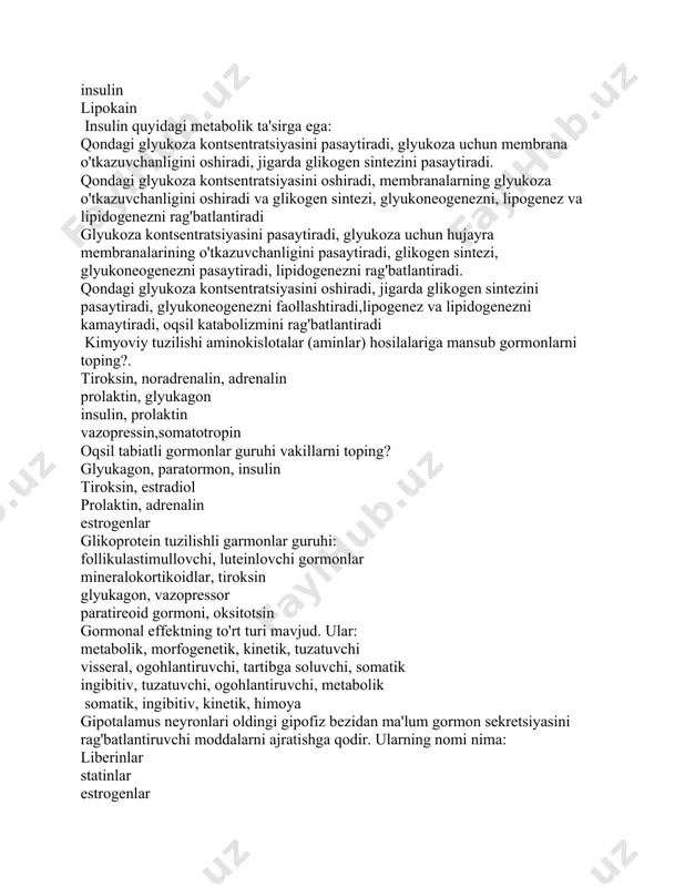 ontsentratsiyasini oshiradi, jigarda glikogen sintezini pasaytiradi, glyukoneogenezni faollashtiradi,lipogenez va lipidogenezni kamaytiradi, oqsil katabolizmini rag'batlantiradi kimyoviy tuzilishi aminokislotalar (aminlar) hosilalariga mansub gormonlarni toping?. tiroksin, noradrenalin, adrenalin prolaktin, glyukagon insulin, prolaktin vazopressin,somatotropin oqsil tabiatli gormonlar guruhi vakillarni toping? glyukagon, paratormon, insulin tiroksin, estradiol prolaktin, adrenalin estrogenlar glikoprotein tuzilishli garmonlar guruhi: follikulastimullovchi, luteinlovchi gormonlar mineralokortikoidlar, tiroksin glyukagon, vazopressor paratireoid gormoni, oksitotsin gormonal effektning to'rt turi mavjud. ular: metabolik, morfogenetik, kinetik, tuzatuvchi visseral, ogohlantiruvchi, tartibga soluvchi, somatik ingibitiv, tuzatuvchi, ogohlantiruvchi, metabolik somatik, ingibitiv, kinetik, himoya gipotalamus neyronlari oldingi gipofiz bezidan ma'lum gormon sekretsiyasini rag'batlantiruvchi moddalarni ajratishga qodir. ularning nomi nima: liberinlar statinlar estrogenlar glyukokortikoidlar aldosteron sekretsiyasining stimuli nima? osmo- va valyumoretseptorlarning qo'zg'alishi yurak urish tezligining oshishi oshqozon harakatining pasayishi koronar tomirlarning torayishi gipofizning old qismi-adenogipofizdan qanday gormonlar chiqariladi: stg,fsg,ltg,ttg vazopressin, oksitotsin ttg, insulin vazopressin, glyukokortikoidlar renin, aldosteron "gipofizar gigantizm" deb ataladigan kassallik rivojlanishiga nima sabab bo'ladi o'sish gormoni giperfunksiyasi gipotalamus gipertrofiyasi qalqonsimon bezning gipertrofiyasi …