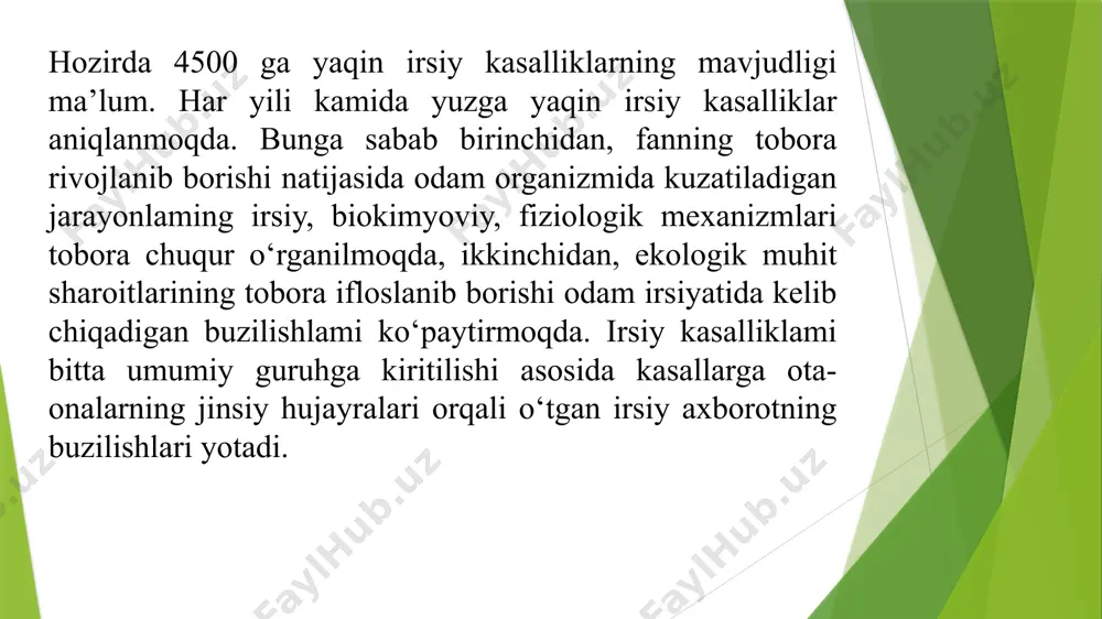 teri kasalliklari klinikasida, agar unda miya o‘simtasi paydo bo‘lsa, neyroxirurgiya klinikasida davolanishi mumkin. hozirda irsiy kasalliklarni aniqlashda quyidagi belgilarga qaraladi: irsiy kasallar erta aniqlanadi - chaqaloq tug‘ilishi bilan 25%, uch yoshgacha 70%, keyingi davrlarda 90%. irsiy kasallik surunkali kechadi - ko‘pchiligi surunkali alomatlarga ega bo‘lib, vaqt o‘tgan sari kasallik kuchayib boradi. chunki yosh ulg‘aygan sari mutatsiyaga uchragan gen o‘z ta’sirini kuchaytiradi. bir xil bo‘lgan irsiy kasallik mutant genning ta’sir darajasiga qarab bemorlarda turlicha o ‘tadi. kimdadir yuzaki, kimdadir og‘irroq. 3. irsiy kasalliklami davolash - bunday bemorlarni to‘liq davolab bo‘lmaydi. ularni davolash asosan simptomatikdir. lekin ayrim tashqi omillar ta’sirida rivojlanadigan kasalliklarning davosi hozirda yaxshi o‘rganilgan. masalan: fenilketonuriya, alkaptonuriya, qandli diabed va hokazo. 4. ko‘p simptomlilik xususiyati - irsiy kasalliklarning 60% ga yaqini ko‘p simptomlilik belgilariga ega. undan tashqari tashxis yig‘ish vaqtida irsiy kasallarda ko‘p sonli simptomlar va sindromlar kuzatiladi. masalan: marfan kasalligida suyak sistemasi, qon aylanish sistemasi va ko‘rish organlari kasalliklari …