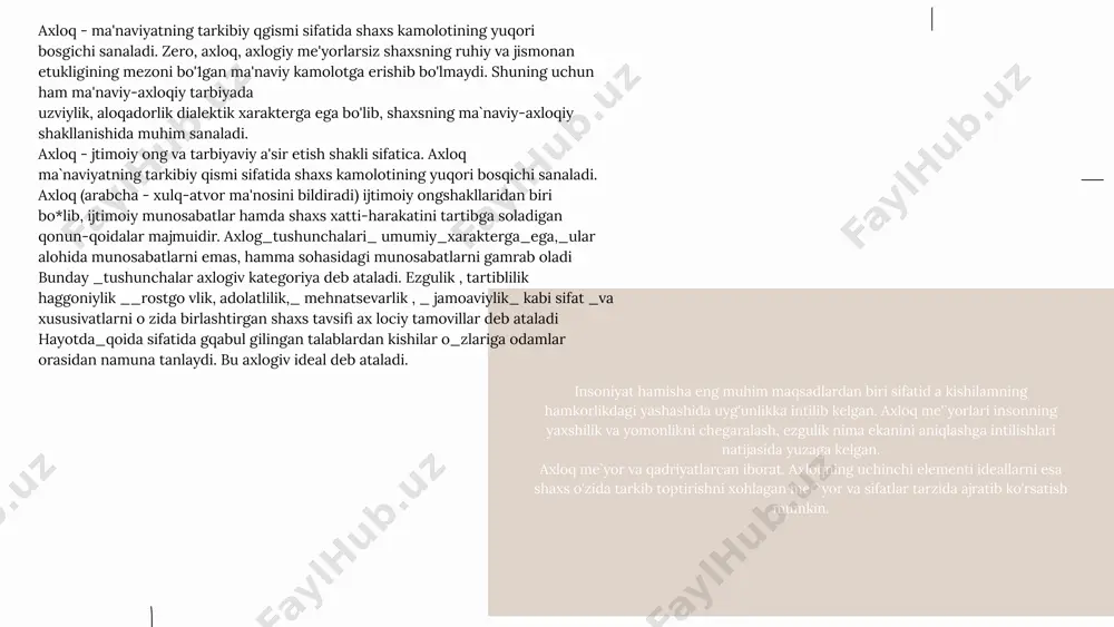 g yaxshi idrok qil inishi uchun unga mos muhitning yaratilganligi muhim ahamiyatga ega 4. hikoyadan ko'zlangan maqsadga erishish uchun uni mohirona bayon etib bera olish lozim. |shonarsiz, bir xil ohangda hikoya qilish orqali buni amalga oshirib bo'lmaydi. mehnat takomillashgan sari, ayniqsa, jismoniy mehnat turlari texnikalashib borgani sari, ulamning ko*ngilli va ijodiy tabiati ortib boradi. shu tariqa mehnat estetik tarbiyaning eng muhim omili bo-lib qoladi. qoloq ishlab chiqarish texnikasi va texnologiyasi sharoitida har qanday mehnat turi shaxsga estetik la'sir ko'usata olmaydi. ishlab chiqarish jarayonida qatnashayotgan har bir shaxs o'z mehnatidan ko'proq moddiy va ma'naviy manfaatdbr bo'lsagina, mehnat estetik tarbiya omili bo'la oladi. jismoniy tarbiyaning vazifalari xilma-xil bo'lib, pedagogikada qator tasniflar yaratilgan.jumladan, v.a.slastenin., if.lsaev, e.n.shiyanovlar jismoniy tarbiyaning quyidagi vazifalarini ajratib ko'rsatishadi: 1) bolalaming jismoniy to^g'ri rivojlanishiga yordam berish organizmning morfologik_va funksional rivojlanishini ta'minlovchi ishchanlik qobiliyatini oshirish, uning tashqi muhitning noqulay vaziyatlariga barqaror qarshi tura olishini mustahkamlash; 2) asosiy harakatlantiruvchi sifatlarni rivojlantirish bolaning …