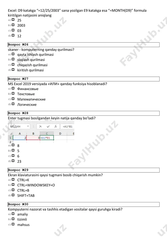 8 ms excel dasturida alt+=tugmalar birikmasining vazifasi? a)autosumni(∑) faollashtirish b)fayldagi barcha formulalarni qayta hisoblash c)kataklarda hisoblash natijalarini ko'rsatish d)faol varaqdagi formulalarni qayta hisoblash вопрос №49 windows xizmatchi dasturlarini ko'rsating? a)ms dos, windows, nc b)scandisk, defragmentatsiya diska, ochistka diska, master obslujivaniya c)word, paint, excel d)svedeniya o sisteme, word, paint, excel, power point, access вопрос №50 bo’sh joy bayt deb hisoblanadimi? a)24 bit deb hisoblanadi b)2 bayt deb hisoblanadi c)yo’q d)ha вопрос №51 ms excel 2019 versiyada «еслимн» qanday funksiya hisoblanadi? a)математические b)текстовые c)логические d)финансовые вопрос №52 bottle so’zi nechi baytdan iborat? a)9 b)6 c)8 d)7 вопрос №53 excel: a1 yacheykaga 12, b1 yacheykaga 3, c1 yacheykaga 1, d1 yacheykaga 4, e1 yacheykaga=(a1+b1+c1)/d1 -formula kiritilsa uning qiymatini toping a)2 b)18 c)40 d)4 вопрос №54 300 megabaytli xotiraga 10 megabaytli fayldan nechta sig’adi? a)10 b)15 c)20 d)30 вопрос №55 computer so’zi nechi baytdan iborat? a)9 b)7 c)8 d)6 вопрос №56 monitor, chop etish …
