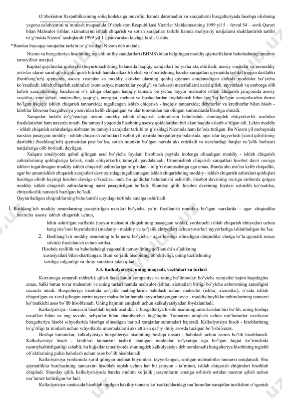 g’ri ishlab chiqarish xarajatlari (material, ishchilarning ish haqi, ijtimoiy sug’urtaga ajratma) va egri ishlab chiqarish sarflaridan tashkil topadi. xizmat ko’rsatish sohasidagi korxonalarning bajargan ish va xizmatlarini tannarxi xizmat ko’rsatish va ishlarni bajarish uchun bevosita sarflanadigan xodimlarning ish haqlari, xizmat ko’rsatish bilan bog’liq bo’lgan ustama xarajatlardan, shuningdek bevosita xizmat ko’rsatish uchun sarflanadigan material xarajatlardan tashkil topadi. basharti, tovar - moddiy qiymatliklar shikastlangan yoki narxi pastga tushgan bo’lsa, ularni qiymatini tiklab bo’lmaydi. bunday hollarda tovar - moddiy qiymatliklar sotish bahosida baholanadi.amalda, bunday tovar - moddiy qiymatliklar xo’jalikda ko’prok yig’ilib qolgan va aylanishi sekinlashgan hollardagina moliyaviy hisobotda aktivlar sotilishidan kutilayotgan summani ko’p ko’rsatmaslik uchun ularning qiymati pasaytiriladi. to’liq yoki qisman eskirgan, narxi pastga tushgan material, xom ashyolardan tayyorlangan mahsulot (bajarilgan ish va xizmat)lar bozor (joriy) baholarda sotiladigan bo’lsa, bunday tovar - moddiy qiymatliklarning qiymati sof bozor bahosigacha pasaytirilmaydi. shu bilan buxgalteriya hisobini yuritishda muhimlilik va tomoyillari ta’minlanadi. 5.2. baholash uning tamoyllari va qo’llash …