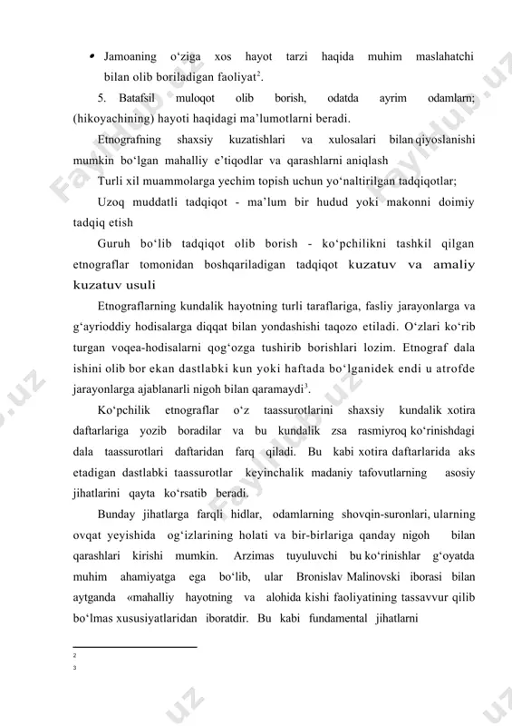 lab etiladi. etnograflar laboratoriya kataklaridagi hayvonlarni о‘rganmaydilar. psixologlarning kaptarlar, jо‘jalar, dengiz chо‘chqasi va kalamushlar ustidan olib boradigan tadqiqotlari etnografik tadqiqotdan tubdan farq qiladi. antropologlar tadqiqot qilinayotganlarni boshqarmaydilar yoki ularning ma’lum bir sharoitga qanday javob berishlarini о‘rganmaydilar. biz tilsiz buyum yoki jonzotlarni о‘rganmaymiz, bizning tadqiqotimiz markazida inson zoti turadi. etnograflar о‘rganish jarayonida ulardan о‘z bilganlaricha foydalanmaydilar, inson muhitini boshqarmaydilar yoki sinov tariqasida ma’lum faoliyatlarni keltirib chiqarmaydilar. ular mezbonlar (о‘zga madaniyat vakillari) bilan ishchanlik ruhidagi dо‘stona aloqa о‘rnatishga harakat qiladilar. etnografiya olib boradigan odatiy tadqiqot usullaridan biri bevosita qatnashuv deb nomlanadi. bu biz о‘rganayotgan jamoa bilan birgalikda yashash va uning bir qismanaylanish degan ma’noni anglatadi. inson zoti boshqalar bilan birga yashar ekan biz butunlay befarq kuzatuvchi bо‘la olmaymiz. 2.tarixiy antropologiyada mavjud muammolarni о‘rganishning metodlari antropologlarning keng kо‘lamli jamiyatlarda tobora kо‘proq olib borishlari natijasida etnografiya va kuzatuv tadqiqotlar birgalikda olib borishning yangi usullari paydo bо‘ldi (frik 1994). kuzatuv tadqiqotida odatda katta aholi orasidan …
