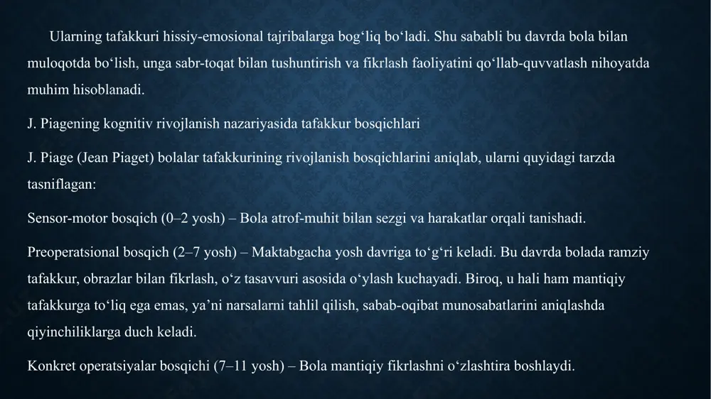 har bir bolaning tafakkuri uning shaxsiyati, atrof-muhit, tarbiya, ta’lim va sog‘lig‘i kabi turli omillar ta’sirida shakllanadi. quyida maktabgacha yoshdagi bolalarda tafakkur rivojiga ta’sir etuvchi asosiy omillar yoritiladi: 1. ijtimoiy muhit va tarbiya bolaning tafakkuri, avvalo, u yashaydigan ijtimoiy muhitga bog‘liq. agar bola mehr-muhabbatga to‘la, muloqot faol bo‘lgan, intellektual rivojga rag‘batlantiruvchi muhitda voyaga yetsa, uning tafakkur faoliyati ham jadal rivojlanadi. ayniqsa, bolaga yo‘naltirilgan savollar, tushuntirishlar, biror voqeani birgalikda tahlil qilish singari faoliyatlar uning fikrlash qobiliyatini kuchaytiradi. aksincha, e’tiborsizlik, muloqotsizlik va qiziqishlarini mensimaslik bolaning tafakkur rivojiga salbiy ta’sir ko‘rsatadi. tarbiya metodlari ham muhim rol o‘ynaydi. bolaga tanqidiy fikrlashni o‘rgatish, savol berishiga imkon yaratish, erkin fikr bildirishga ruxsat berish — bular tafakkur faoliyatini jonlantiradi. ta’lim-tarbiya mazmuni, pedagogning yondashuvi va ota-onalarning bolaga nisbatan munosabati bevosita uning tafakkur salohiyatiga ta’sir ko‘rsatadi. 2. nutq va muloqot nutq – tafakkurning eng muhim vositasidir. bola nutqi qanchalik rivojlangan bo‘lsa, uning tafakkuri ham shunchalik yuqori darajada bo‘ladi. chunki bola …