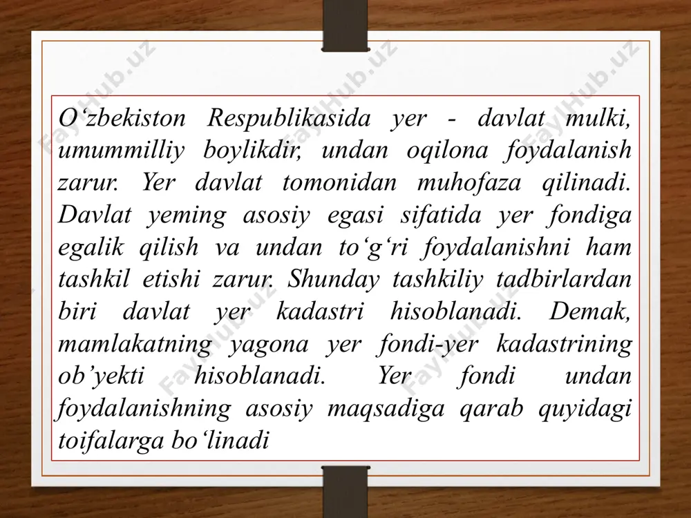 юритилади. ер хисоби ишлари уз вазифасига, мазмунига ва хусусиятига караб ер кадастри сингари асосий (бирламчи) ва жорий (кундалик) турларга булинади. иккала хисоб турлари узаро боғликдир ҳамда ягона ер хисоби жараёнининг маълум босқичларини намоён килади. асосий хисобнинг вазифалари куйидагилар: 1) хисоб килинадиган худуд учун барча мавжуд план-харита материалларини олиш, тизимга солиш ва тахлил килиш; 2) зарур булган бирламчи маълумотлар ва план-харита материалларини олиш максадида тасвирга олиш хамда кузатув буйича дала кидирув ишларини утказиш; 3) хисоб килинадиган барча ерлар улчамларини, сифат холатини, таксимланишни ва фодйланиш холатини аниклаш; image5.png image6.png image7.png image8.png image9.gif image10.png image11.jpeg image12.jpeg image3.png image4.png /docprops/thumbnail.jpeg