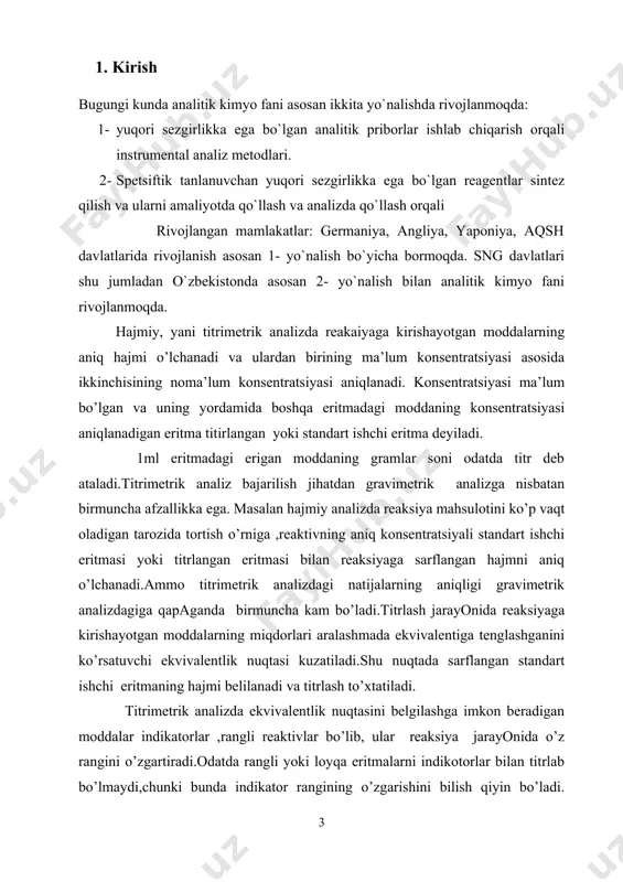 malda tez bir zumda borishi kerak. 4.reaksiya bajariladigan tashqi sharoitning o’zgarishi reaksiyaning borishiga va oxirgi mahsulotlar xossalariga tasir qilmasligi kerak. 5.titrimetrik aniqlashda qo’shimcha reaksiyalar bormasligi kerak. 6.ekvivalent nuqtani aniqlashga va asosiy reaksiyaning borishiga halaqit beruvchi moddalar oldindan yo’otilishi lozim. titrimetrik metodni gravimetrik metodga nisbatan farq qiladigan tomohlari bor. aniqlanishlarni bajarishda massani o’lchash hajmni o’chash bilan almashtiriladi. kimyoviy reaksiyaning mahsulotlari miqdorini aniq o’lchashga asoslangan gravimetrik analizdan farqli, bu metodda boshlang’ich moddalar miqdori topiladi. bir eritma boshqasiga mo’l miqdorda emas ,balki qat’iy ekvivalent miqdorda qo’shiladi. titrimetrik metodning asosiy afzalligi aniqlashlarning tez bajarishidir. chunki hajimni o’lchash massani o’lchashga nisbatan ancha kam vaqtni egallaydi. titrimetrik metodning aniqligi gravimetrik metodni aniqlik darajasidan kamroq bo’lishiga qaramay ,uning aniqlik darajasi texnik maqsadlar uchun shuningdek, ilmiy maqsadlar uchun yetarlidir. titrimetrik analiz metodlari. titrimetrik analizda qo’llanniladigan asosiy reaksiyaga binoan titrimetrik analiz metodlarini to’rtta guruxga bo’linadi. 1.kislota-asosli tirlash(neytrallash )metodi neytrallash reaksiyasiga asoslanadi. h++oh-=h 2o h 3o ++oh -=2h 2o bu …