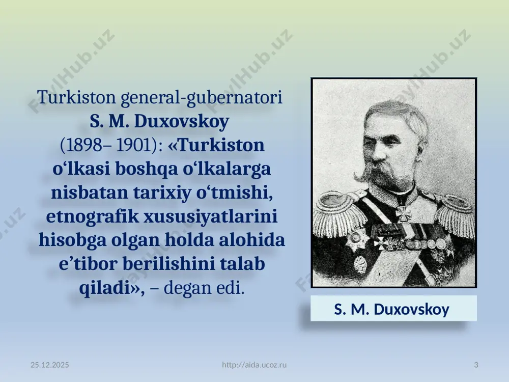 pravoslav cherkovlari qurilgan. 1886-yildagi «nizom»da hukumat tasarrufida qolayotgan bo‘sh turgan davlat yerlariga rus aholisini joylashtirish muhim ekanligi qat’iy belgilab qo‘yildi. 15.02.2023 http://aida.ucoz.ru 11 ular uchun o‘lka ma’muriyati maktab va cherkovlar qurishga mablag‘ ajratgan. turkiston o‘lkasida harbiy xizmatchilar ya shab qolishlari va tomorqa yer olishlari mumkin bo‘lgan. ko‘chirish siyosati bilan shug‘ullanish o‘lka ma’muriyati zimmasiga yuklatilgan. ko‘chib kelganlarga katta imtiyozlar berilgan. ular mablag‘, turar joy, yer maydonlari, kreditlar bilan ta’minlangan. ko‘chib kelganlar 5 yil davomida soliqlardan ozod etilgan, keyingi 5 yil davomida soliqlarning yarmini to‘lagan. rossiyadan ko‘chib kelganlar, asosan, qishloq aholisi bo‘lgan. 1877-yilda toshkentda «shahar nizomi» joriy etilgan bo‘lib, unga muvofiq shahar boshqaruvi dumaga o‘tgan edi. 15.02.2023 http://aida.ucoz.ru 12 shahar xo‘jaligiga oid barcha ishlar duma qo‘lida bo‘lgan. dumaga rahbarlik qiluvchi shaxs general-gubernator tavsiyasi bilan harbiy vazir tomonidan tasdiqlangan duma a’zolarining 1/3 qismi eski shahar, 2/3 qismi esa yangi shahar hududidan saylangan. bunga ko‘ra shaharning 80 minglik mahalliy aholisidan 21 nafar deputat, 3 …