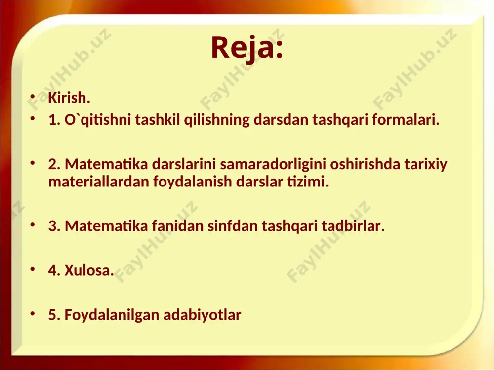 rifmetika kaliti» asari. ibn sino, beruniy ijodi. algebra elementlari: sonli va o‘zgaruvchi ifodali tushunchalari, tengsizliklar va tenglamalar yechishalgebrik tushunchalarni kelib chiqish tarixi. matematik bilimlarni chuqurlashtirish. mantiqiy abstrakt fikrlashga o‘rgatish.algebra elementlarini ongli ravishda tushunish, bilish, to‘g‘ri tatbiq etish. buyuk ajdodlarimiz ijodi bilan yaqindan tanishish. milliy o‘zlikni anglash hissini tarbiyalashmuhammad -al-xorazmiyni «al-jabr va al- muqobala» asari va uning ahamiyati. qadimgi misr papirusilaridagi ma’lumotlar, qadimgi yunon olimlarining ta’limoti. umar hayyom ijodi. 5 geometriya elementlari: nuqta, to‘g‘ri chiziq, kesma, burchak, uchburchak, to‘rtburchak, to‘g‘riburchak, ko‘pburchak, aylana, kvadrat, yuza va h.geometrik figuralarni chizish, o‘lchash, geometrik masalalarni yechish, kundalik hayotga tatbiq etish.o‘quvchilarning fazoviy tasavvurlarini abstrakt fikrlashini rivojlanadi, amaliy malakalar tarkib topadi.evklidning «negizlar» asari, pifogorning ilmiy maktabi, ijodi. barcha buyuk o‘rta osiyo olimlari ijodi, faoliyati 6 masalar yechishmantiqiy fikrlash, analiz va sintezni qo‘llashga o‘rgatish. тaqqoslash, umumlashtirish, konkretlashtirishga, yo‘naltirishga o‘rgatishmatematik bilimlarni amaliyotga tatbiq qilish. masala yordamida tarbiya muammolarni hal qilishqadimgi misr papiruslaridan boshlab hozirgi davrning turli manbaalari matematika fanidan …