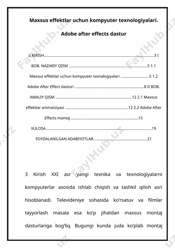 jga, maxsus effektlar yaratishga, fototasvirlar yoki ovoz bilan ishlashga va hokazo. demak, montaj dasturni tanlashda avvalambor uning imkoniyatlarini inobatga olish lozim. aksariyat hollarda montaj dasturni qo‘llashdan oldin boshqa bir dasturlarni yoki qo‘shimcha bilimlarni o‘zlashtirishga ehtiyoj seziladi. shunisi bilan ham montaj dasturlari murakkablashib boradi. yuqoridagilardan kelib chiqib aytish mumkinki, bugungi kunda televideniye sohasiga yangidan-yangi texnalogiyalar kirib kelmoqda bu o‘z navbatda yoshlarga keng imkoniyatlar yaratilmoqda. bunga misol qilib yangi maxsus effektlarni misol qilishimiz mumkin. bulardan maxsus montaj dasturlari va ulardan foydalanish talabalarni bilim darajalarini oshirishga imkon yaratadi. after effects mavzusi bo‘yicha ko‘plab turli darsliklar yaratilgan. lekin ko‘p hollarda bu darsliklar u yoki bu video effektni qanday qilish kerakligini tushuntiradi. yangi boshlanuvchilar uchun ushbu dastur bilan ishlashning asoslarini tushunish qiyin. natijada, ushbu effektlardan bir nechtasini yaratishga 4 urinib ko‘rgandan so‘ng, ko‘plab yangi boshlanuvchilar ushbu dasturni o‘rganishdan voz kechishadi. video tahrirlashni endi boshlayotganlar uchun after effects oddiy va intuitiv ko‘rinmaydi va xuddi shu kompaniyaning …