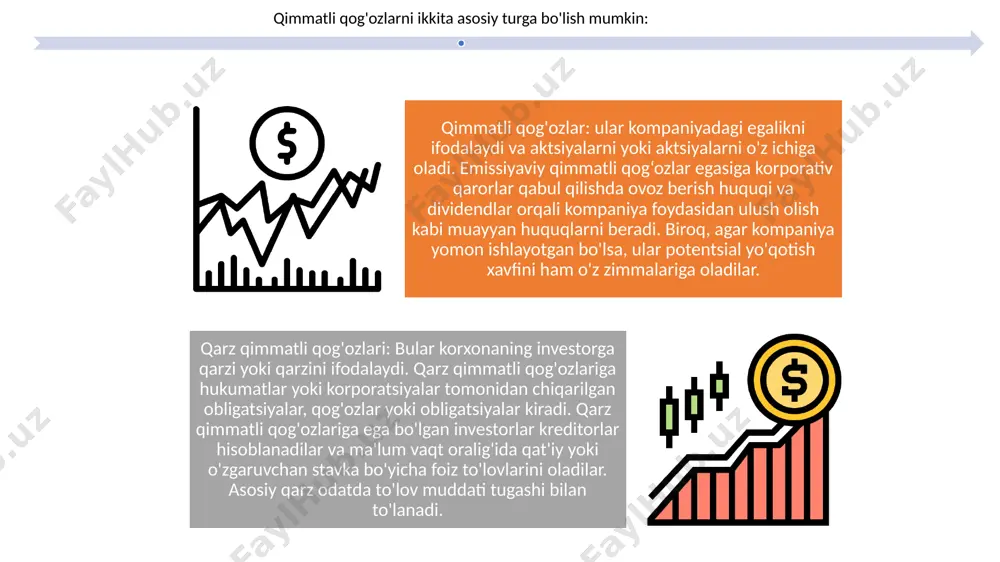 a hukumatlar biznesni kengaytirish, infratuzilmani rivojlantirish yoki davlat xizmatlari uchun kapital jalb qilish uchun tegishli moliyalashtirish variantlarini tanlashlari mumkin. 6. huquqiy va me'yoriy-huquqiy bazadan xabardorlik: qimmatli qog'ozlar hukumatlar va nazorat qiluvchi organlar tomonidan o'rnatilgan huquqiy va me'yoriy bazalarga bo'ysunadi. ushbu qoidalarni tushunish investorlar, emitentlar va bozor ishtirokchilari uchun muvofiqlik talablariga rioya qilish, investorlar manfaatlarini himoya qilish va bozor yaxlitligini saqlash uchun juda muhimdir. xulosa qilib aytganda, qimmatli qog'ozlarning har xil turlarini tushunish investitsiyalarni diversifikatsiya qilish, tavakkalchilikni boshqarish, investitsiya imkoniyatlarini aniqlash, daromad olish, kapitalga kirish, qoidalarga rioya qilish va jismoniy shaxslarga moliyaviy bilimlarni kuchaytirish uchun muhimdir. ushbu tushuncha bilan jismoniy shaxslar o'zlarining moliyaviy maqsadlari va xavf-xatarlarga chidamliligi bilan mos keladigan ongli investitsiya qarorlarini qabul qilishlari mumkin. image1.png image2.png image3.png image6.png image7.png image8.png image12.png image13.png image14.png /docprops/thumbnail.jpeg
