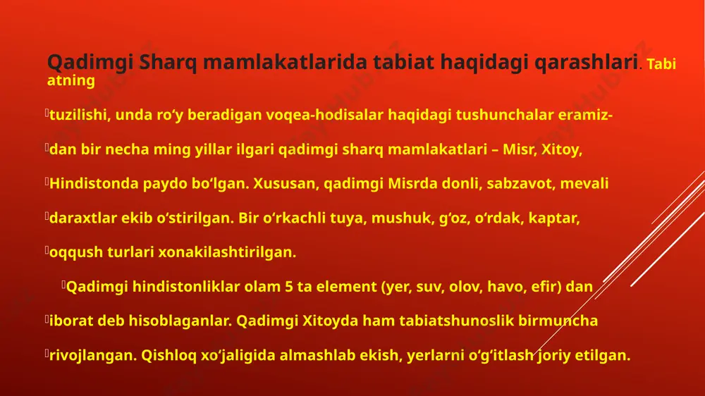 tarilishi natijasida paydo bo‘lgan (83-rasm). ibn sino o‘z asarlarida o‘simliklar, hayvonlar va odam o‘zaro o‘xshash, chunki ularning barchasi oziqlanadi, ko‘payadi, o‘sadi deb uqtiradi. o‘simliklar rivojlanishning quyi bosqichida, hayvonlar o‘rta bosqichida, odam esa eng yuqori bosqichida turadi. odam tanasining tuzilishini o‘rganish taqiq- . langan o‘rta asrlarda ibn sino odam anatomiyasi bilan shug‘ullangan. olim ko‘p ilmiy asarlar yozgan. ulardan bizlargacha 242 tasi yetib kelgan. olim tibbiyot asoschilaridan biri sifatida katta shuhrat qozongan. «tib qonunlari»ning mualliﬁdir. «tib qonunlari» beshta kitobdan iborat. birinchi kitobda odam tanasi organlarining tuzilishi va funksiyalari, turli kasalliklarning kelib chiqish sabablari, ddavolash usullari bayon etiladi. ikkinchi kitobda o‘simlik, ma’dan va hayvonlardan olinadigan dorilar va har bir dorining qaysi kasallikka davo ekanligi ko‘rsatiladi. uchinchi kitob insonning har bir organida bo‘ladigan kasalliklar, ularni aniqlash va davolash usullariga bag‘ishlangan. to‘rtinchi kitobda jarrohlik, ya’ni suyaklarning chiqishi, sinishini davolash haqida so‘z yuritiladi beshinchi kitobda murakkab dorilar, ularni tayyorlash to‘g‘risida ma’lu- motlar keltiriladi. zahiriddin muhammad bobur …