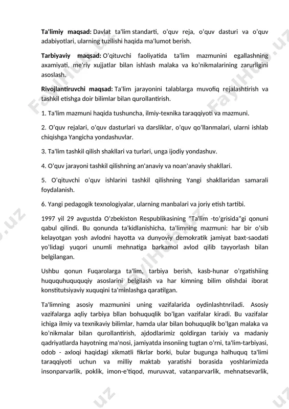 dagi yo’llar bilan takomillashtirishni nazarda tutiladi: - fan va tajribadaga eng yangi muvaffaqiyatlarni aks etgirish; - ikkinchi darajali va ortiqcha murakkablashtirilgan matеrialdan qutulish; - o’rganilayotgan fanlar ro’yxatini va matеriallar hajmini aniqlash hamda o’quvchi-yoshlar, albatta, o’zlashtirib olishi kеrak bo’lgan malaka va ko’nikmalarning optimal hajmini bеlgilash; - o’quv fanlariga oid asosiy tushunchalarni va yetakchi g’oyalarni juda ham aniq bayon qilish; - o’quvchilarning pеdagogik tеxnologiyalar: kompyutеr, elеkgron pochta hamda tеxnologiyalaridan foydalanish ko’nikmalari hosil qilish. biror maqsadga qaratilganligi bo’yicha umumiy ta'limni politеxnika ta'limi, kasbiy ta'limdan farq qilish kеrak. umumiy ta'lim — bu o’quvchilarning har tomonlama umumiy tayyorgarligini va rivojlanshini ta'minlovchi fan asoslarini egallab olishdir. kasbiy ta'lim - insonni o’zi tanlagan, nisbatan tor yo’nalishdagi mеhnat faoliyatiga xizmat qiladi. ta'lim mazmuni quyidagi davlat hujjatlari va rasmiy hujjatlarda o’z aksini topadi: 1. o’quv rеjasi. 2. o’quv dasturi. 3.darslik. o’quv rеjasi — davlat hujjatidir. unga barcha umumta'lim maktablari so’zsiz amal qiladi. bu hujjatda sinflar bo’yicha o’rganilishi lozim bo’lgan …