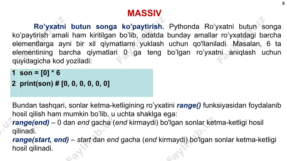 atni olish last_user = users[-1] # ro`yxatdan oxirgi elementni o`chirish users.remove(last_user) # ["bill", "bob"] print(users) # ro`yxatning barcha elementlarini o`chirish users.clear() алгоритмы и программирование, язык python, 10 класс  к.ю. поляков, е.а. ерёмин, 2018 http://kpolyakov.spb.ru elementni ro’yxatda mavjudligini tekshirish * odatda, index, remove kabi metodlardan foydalanilganda, ularning parametrlarida ko’rsatilgan element ro’yxatda mavjud bo’lmasa, istisno holati yuzaga keladi. bunday holatlarning oldini olish uchun, oldin ushbu elementning ro’yxatda mavjudligini tekshirish kerak bo’ladi. buning uchun in kalit so’zidan foydalaniladi: 1 2 3 4 companies = ["microsoft", "google", "oracle", "apple"] item = "oracle“ # o’chirish kerak bo’lgan element if item in companies: companies.remove(item) 5 6 print(companies) # ['microsoft', 'google', 'apple'] алгоритмы и программирование, язык python, 10 класс  к.ю. поляков, е.а. ерёмин, 2018 http://kpolyakov.spb.ru elementni ro’yxatda mavjudligini tekshirish * yuqoridagi holatda, agar ro’yxatda item elementi mavjud bo’lsa, item in companies ifodasi true qiymat qaytaradi. shuning uchun if shart ifodasi agar shu element mavjud bo’lsagina …