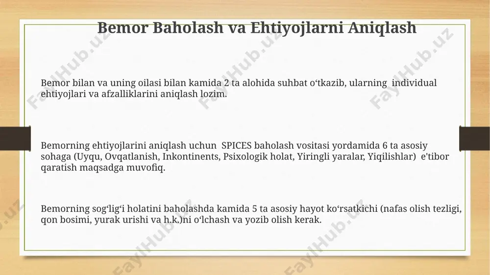 gini baholash (5 ballli shkala) kiritiladi. uy sharoitida davolash hamshirasining ish rejasiga bemorning yoshi (masalan, 65 yoshdan oshganlar uchun maxsus yondashuv), kasalligi og'irligi (1-3 ballli shkala bo'yicha) va reabilitatsiya ehtiyojlari (fizioterapiya, 3 marta mashg'ulotlar) kabi omillar kiritilgan. e'tiboringiz uchun rahmat @taqdimot_robot image3.png image4.png