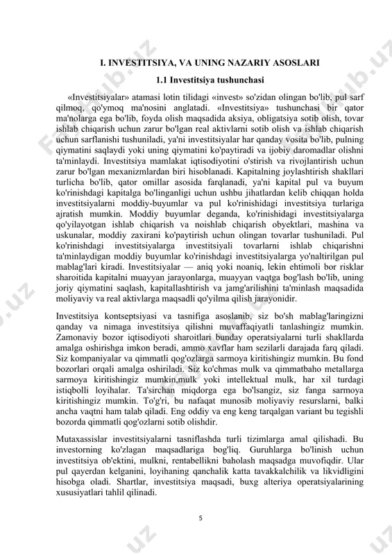 va likvidligini hisobga oladi. shartlar, investitsiya maqsadi, buxg alteriya operatsiyalarining xususiyatlari tahlil qilinadi. shu bilan birga, investitsiya qilingan mablag'lar evaziga investor o'z ixtiyorida bo'ladigan aktivga alohida e'tibor qaratiladi. investitsiya ob'ektlarini tasniflash real shakllar toifasidan boshlanadi, ya'ni pul evaziga investor yer uchastkalari, ishlab chiqarish resurslari, ko'chmas mulk, stanoklar va mashinalar, marka va belgilar, belgilarni oladi. bunga xodimlarning malaka darajasini oshirishga pul sarflash ham kiradi.bundan tashqari, investitsiya moliyaviy bo'lishi mumkin, agar bozor ishtirokchisi turli xil qimmatli qog'ozlarni sotib olsa yoki yuridik, jismoniy shaxs uchun kreditor sifatida pul ayirboshlash dasturiga kirsa. lizing shu toifaga kiradi. tasnifi hisobga olingan holdainvestitsiyalarning shakllari va turlarini hisobga olgan holda spekulyativ loyihalarga, ya’ni real foyda olish maqsadida qisqa muddatga pul mablag‘larini investitsiyalashni nazarda tutuvchi loyihalarga e’tibor qaratish lozim. investitsiyalar yo'nalishi sifatida qimmatbaho metallar, davlat valyutasi ko'pincha harakat qiladi. investor eng qisqa vaqt ichida maksimal foyda olish maqsadini ko'zlaydi. investitsiyalarning shakllari va turlarini tasniflash jismoniy aktivlarga yo’n altirilgan investitsiyalarning …