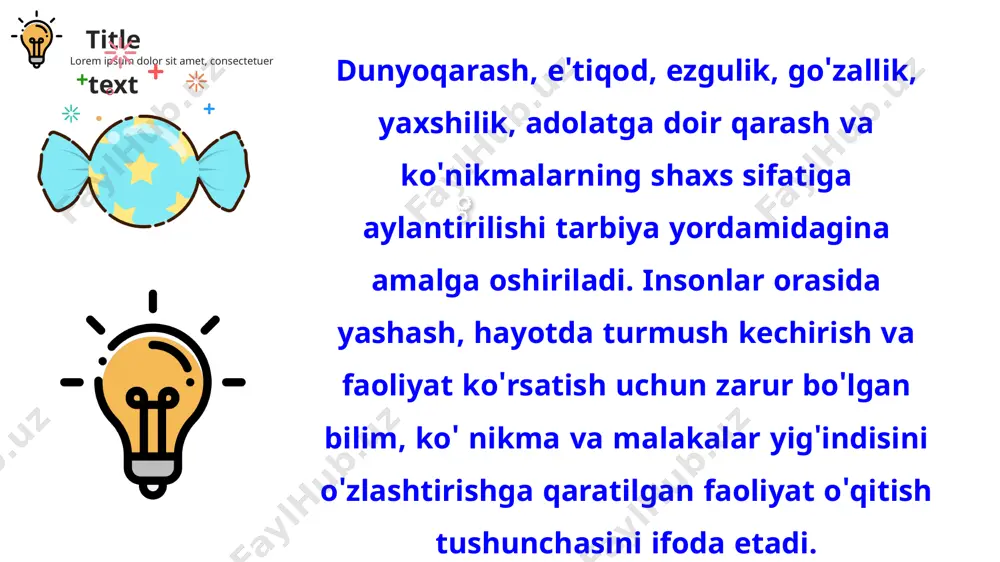 "turkiy guliston yohud axloq" asari yangi usul maktablarining yuqori sinflarida ta'lim va axloqiy tarbiya berish uchun darslik sifatida o'qitilgan. a.avloniyning asarini chuqur o'rganar ekanmiz, biz o'sha davrda maktablarda o'quvchilarga dars berishda umuminsoniy va diniy qadriyatlari, xalq og'zaki ijodi, qur'on oyatlari, hadislar shuningdek, buyuk allomalarimizning hikmatli so'zlaridan imkon qadar keng foydalanganliklarini ko'ramiz. masalan, "yaxshi xulqlar" qatoriga kiruvchi "sabr" mavzusida: "sabr insonlar uchun buyuk bir fazilatdurki, janobi haq sobrlarni madh qilishdur. shariati islomiyada janobi haq tarafidan kelgan balo va qazoga sabr qilmoq farzi ayndur" shul xususda so'ylanmish bir hadisi sharifning ma'nosi "ilm imonli kishilarning muhibi, hilm homiysi, aql dalili,, muloyimat volidi, afv axavoni, sabr hokimi vijdonidur," - deyilishi image1.jpeg image2.png image3.png image4.png image5.png image6.png image7.jpeg image8.jpeg image9.jpeg image10.jpeg image11.jpeg image12.jpeg image13.jpeg