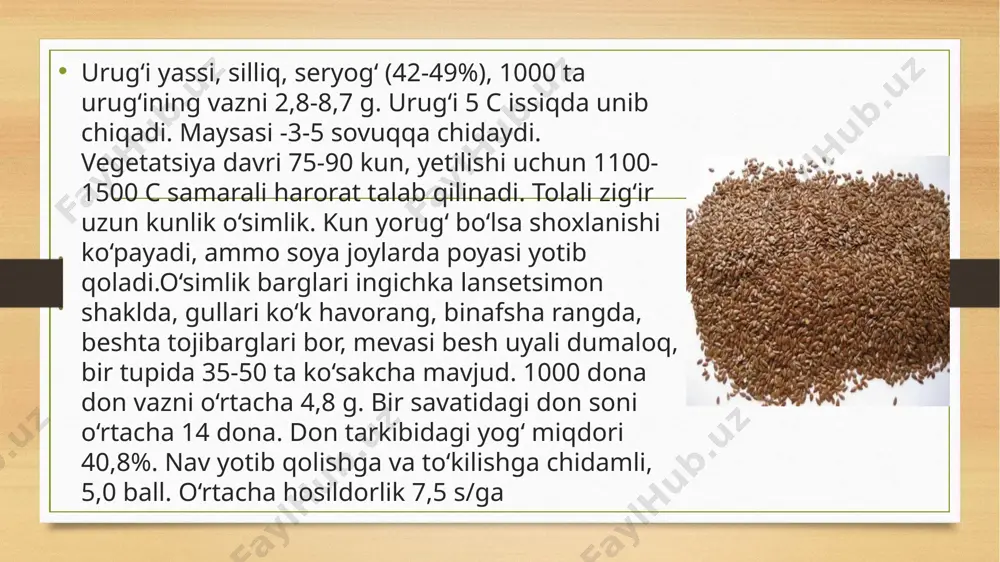 yogʻ kislotalari ham mavjud. ushbu moddalarning bunday brikmasi yogʻni yanada noyob va foydaliroq qiladi. bu o’simlik yogʻidagi yogʻ kislotalaridan tashqari vitaminlarga ham boydir. vitaminlar ko’p bo’lmasa ham, lekin inson organizmi uchun foydali va muhimdir. bu vitaminlar a vitamin iva e vitamini v guruhi vitaminlari, yana k vitaminidir. zig‘ir yog‘i foydasi. zig‘ir yogi ko‘p vitaminlarga boy ayniqsa omega – 3 ko‘pligi uchun ajralib turadi. zig‘ir yog‘in doimiy istemol qilish tananing to‘liq ishlashiga yordam beradi barcha ichki organlarni ishlashin yaxshilaydi, o‘smalar paydo bo‘lishiga to‘sqinlik qiladi, immunitetni mustahkamlaydi, viruslarga va infeksiyalar zamburug‘li kasalliklani oldini olishga yordam beradi. zig‘ir yog‘ini och qorinda ichganda foydasi; oshqozon ichchak ishini yaxshilaydi, ich qo-tishini yaxshilaydi; teri, soch, tirnoqlarni holatini yaxshilaydi; garmonal fonni barqarorlashtiradi; xolestirinni pasaytiradi; shishlarni yo‘qotadi.; zig‘ir yog‘ini ozish uchun qanday foydasi bor; ishtahani pasaytiradi ; ichni suradi; terin holatini yaxshilaydi tez ajin tushishini oldini oladi; organizmni tozalaydi; organizmga kerakli kislotalarni beradi; zig‘ir yog‘in ertalab och qorinda …