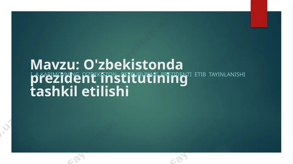 ga muqobillik asosida o‘tkazilgan saylovda o‘zbekiston prezidenti etib saylandi. 2002-yil 27-yanvarda bo‘lib o‘tgan referendumda prezidentlik lavozimi vakolati 5 yildan 7 yilga uzaytirildi. 2007-yil 23-dekabrda bo‘lib o‘tgan saylovda 88,1 foiz ovoz bilan islom karimov 7 yilga saylandi. o‘zbekiston respublikasi prezidentining vakolat muddati 2015-yil dekabrda tugashi munosabati bilan prezidentlik lavozimiga saylov o‘tkazildi. 2015-yil 29-mart kungi prezident saylovida islom karimov 90,39 foiz ovoz bilan g'alaba qozondi. 2016-yil 2-sentabrda islom karimov og‘ir xastalik tufayli vafot etdi. shu munosabat bilan navbatdan tashqari umumxalq prezidentlik saylovlari o'tkazildi. 2016-yil 4-dekabrda o‘zbekiston konstitutsiyasi va «o‘zbekiston respublikasi prezidenti saylovi to‘g‘risidagi»gi qonunga muvofiq muqobil-lik va sog‘lom raqobat asosida prezidentlik saylovi o‘tkazildi.unda 88.61% ovoz bilan bosh vazir shavkat mirziyoyev prezident etib saylandi. foydalanilgan adabiyotlar 1.karimov a.i. o'zbekiston mustaqilikka erishish ostonasida t.2011 2.ozbekiston respublikasi konstitutsiyasi 2021-yil 3.mirakulov m.m "o'zbekiston respublikasi prezidentining konstitutsiyaviy huquqiy maqomi t. 2016 image2.jpg image1.jpeg /docprops/thumbnail.jpeg