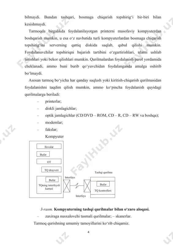 so‘rov lokal otga uzatiladi, com- port drayveri ishga tushiriladi va unga so‘rov saqlanayotgan bufer manzili xabar qilinadi; interfe y s interfe y s а kom py ute r а ilova bufe r от com- port drayveri com- port kontrolleri в kom py ute r в ilova bufe r от т q drayver com- port kontrolleri com- port drayveri т q interfeys kartasi tashqi qurilma т q kontrolleri bufe r 4-rasm. tarmoqda masofaviy printerdan foydalanish. · a com-portning drayveri va kontrolleri b com-portning drayveri va kontrolleri bilan o‘zaro aloqa qilib, b kompyuterga xabarni uzatadi; · com-portning drayveri navbatdagi baytni olishi bilan uni b kompyuter ilovasi buferiga joylashtiradi; · b kompyuter ilovasi xabarni qabul qilib, uni interpretatsiyalaydi (sharhlaydi) va so‘rovni lokal otga printer bilan operatsiyani bajarish uchun shakllantiradi; keyingi harakatlar kompyuterning tashqi qurilmalar bilan aloqasi sxemasi bo‘yicha amalga oshiriladi. 3. tarmoq adapteri va uning tavsiflari tarmoq faoliyati uchun apparat va dasturiy komponentlar …