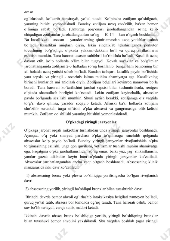 lan zotiljam kelib chiqadi. ayni vaqtda yaradorlarda o’pka shamollashi ko’p jihatdan yil fasllariga ham bog’liq. yu. i. dimshis ma'lumotlariga ko’ra 1942 yilning yozida 17% zotiljam qayd qilingan bo’lsa, o’sha yilning qish oylariga kelib bu ko’rsatkich 53% ni tashkil etdi. ko’krak sohasi jarohatlanganlarda o’pka shamollaganligining aniqlash ba'zan mushkuldir, chunki u o’pkaga qon quyilishi, plevraning shikastlanishi, ko’krak qafasiga qon quyilishi (gemotoraks) bilan birga kechadi. lekin tana haroratining juda balandligi, hansirash, o’pkadan kichik pufakli ho’l xirillashlar, barmoq bilan o’pka usti urib ko’rilganda bo’g’iq tovush eshitilishi kasallikni aniqlashga yordam beradi. ko’krak sohasi jarohatlanganlarda kelib chiqadigan zotiljam ikki guruga bo’linadi: a) kichik o’choqli zotiljamlar b) katta va qo’shilgan o’choqli zotiljamlar katta o’choqli va bir-biriga qo’shilgan o’choqli zotiljamlarni krupoz zotiljamdan farqlash qiyin. kichik uchoqli o’pka shamollashlari tana harorati 39 darajagacha ko’tarilib, leykoz soni ham juda oshmasdan kechsa, yirik o’choqli zotiljamlarda tana harorati yana ham ko’tariladi, qonda leykositoz soni keskin ko’payadi. ko’p qon yuqotgan, ko’krak sohasi jarohatlanganlarda …