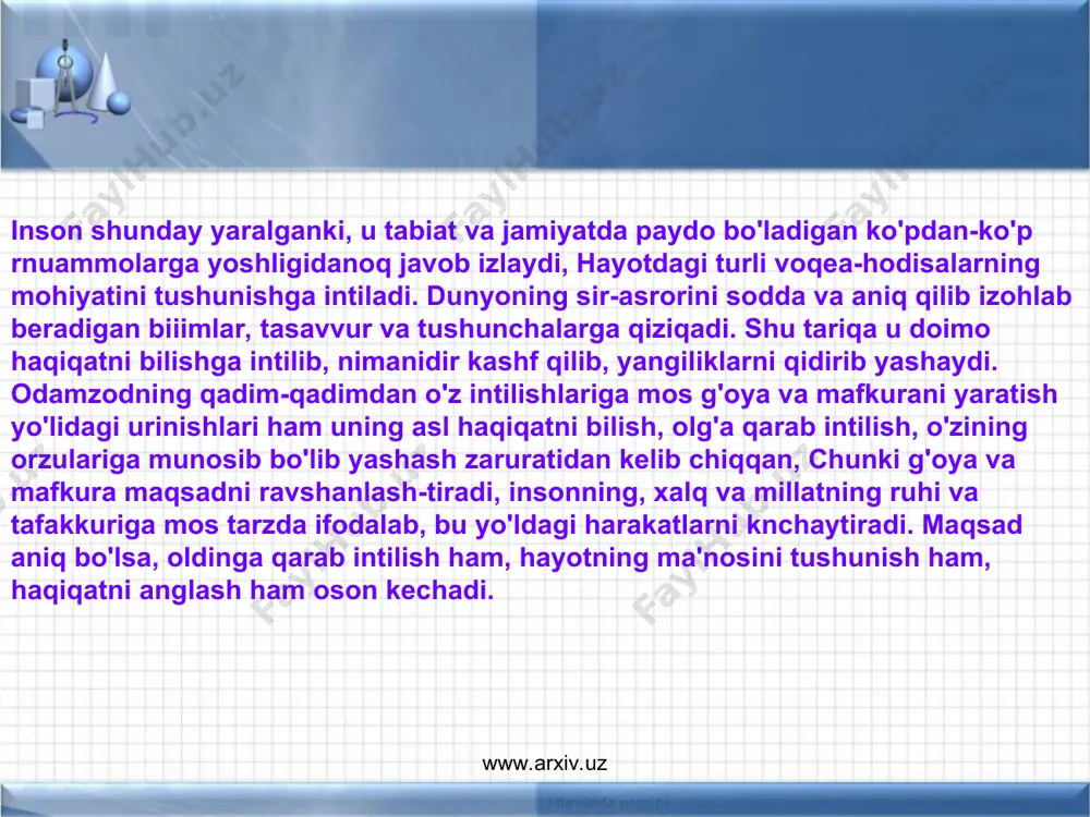 , ko'hna qadriyatlarimiz tiklandi, ma'naviyatga, milliy istiqlol g'oyasi va mafkurasini shakllantirishga, yosh avlodni ma'rifiy asosda tarbiyalashga e'tibor kuchaydi. www.arxiv.uz www.arxiv.uz har qanday o'tish davrida, jamiyat hayotida bo'lgani kabi, odamlarning qalbi va ongida ham yangilanish jarayoni yuz beradi. ular o'z umrini o'tab bo'lgan eski qadriyatlar, g'oya va mafkuralardan voz kechib, taraqqiyot talabi bilan shakllana boshlagan yangi g'oya va mafkuralarga, hayotiy qadriyatlarga ishona boshlaydi. mana shu jarayonda ayrim tajovuzkor mafkuralar ham chiroyli va go'zal g'oyalar bilan niqoblanib, odamlarning qalbiga yo'1 topmoqchi bo'ladi. bizning mintaqamizda ildiz otishga urinib ko'rgan ayrim tajovuzkor g'oya va mafkuralar ham ana shu jarayondan foydalanib, odamlarning qalbi va ongiga o'rnashib olishga urindi. ular ayniqsa hayotda yuz berayotgan ijtimoiy o'zgarishlarni hali yaxshi anglab etmagan ayrim yoshlarni o'z ta'siriga tushirishga harakat qildi. www.arxiv.uz www.arxiv.uz odamlarning qalbi va ongida bo'shliq paydo bo'lishi va ularning zararli, tajovuzkor g'oya va mafkuralar ta'siriga berilishiga yo'l qo'ymaslik, istiqlol yo'iidagi maqsadlarimizni xalqimizga singdirish maqsadida yurtimizda milliy mafkurani …