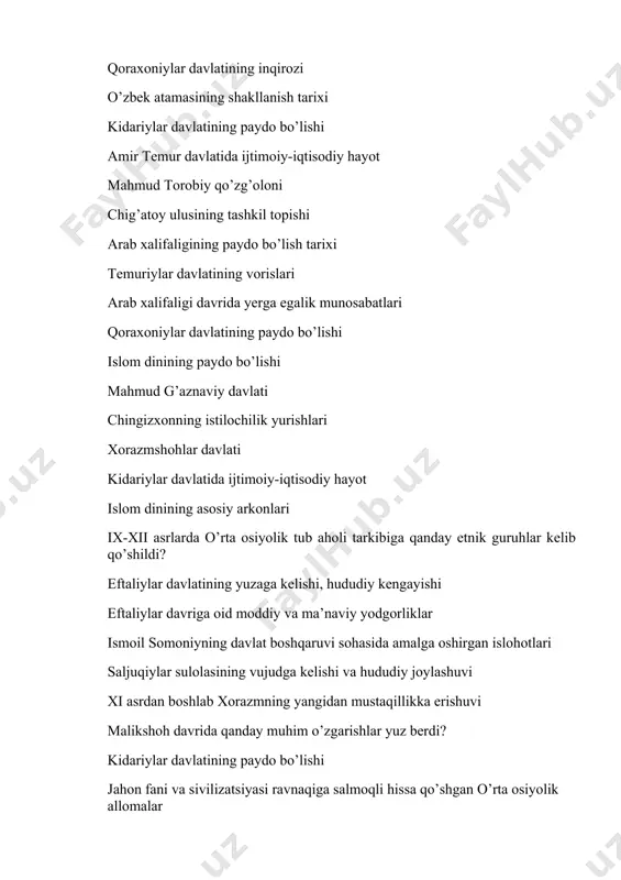 an? arab xalifaligining tashkil topishi turk xoqonligining ikkiga bo’linib ketishining asosiy sabablari arablar joriy etgan soliq turlari, ularning miqdorlari o’rta osiyo hududida islomlashtirish jarayoni xorazmshohlar davlati o‘zbekiston - ilk insoniyat sivilizatsiyasi beshigi kir ii ning markaziy osiyoga yurishi aleksandr makedonskiyning o‘rta osiyoga istilochilik yurishlari davan davlati ahamoniylar sulolasining istilochilik yurishlari podsho kanishka hukmronligi davri buyuk ipak yo’li o’rta osiyo xalqlari afrig’iylar sulolasi arablarning mustamlakachilik siyosatiga qarshi kurash ix asr 60 yillarida safforiylarning tashkil topishi so’fiylik ta’limoti