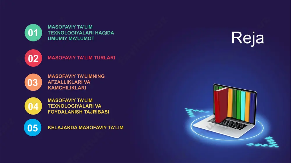 urli texnologiyalar yordamida o‘qitish imkonini beradigan bir qancha usullarni o‘z ichiga oladi. ularning har biri o‘quv jarayonining turli ehtiyojlarini qondirish uchun yaratilgan. asinxron (jonli bo‘lmagan) ta'lim aralash (blended) ta’lim ochiq va bepul onlayn kurslar (mooc) sinxron (jonli) ta'lim masofaviy ta'limning afzalliklari har qanday joydan o‘qish imkoniyati vaqtni tejash moslashuvchan ta'lim jarayoni o‘quv materiallarining xilma-xilligi o‘z-o‘zini boshqarish va mustaqil o‘qitish ko‘nikmalarini rivojlantirish ta'limning keng qamrovli bo‘lishi moddiy jihatdan tejamkorlik masofaviy ta'limning kamchiliklari jonli muloqotning yetishmasligi o‘z-o‘zini motivatsiya qilish va intizom talabi internet va texnik vositalarga bog‘liqlik amaliy ko‘nikmalarni shakllantirishdagi qiyinchiliklar o‘qituvchining to‘liq nazorati yo‘qligi texnik muammolar va ularga bog‘liq qiyinchiliklar ijtimoiy aloqalarning cheklanishi masofaviy ta'lim texnologiyalari videokonferensiya platformalari bulut texnologiyalari virtual o‘quv platformalari ta'lim resurslari va onlayn kurslar platformalari o‘qitish va o‘rganish uchun maxsus dasturiy ta'minot va vositalar mooc (massive open online cources) masofaviy ta'limda o‘quvchilar dars jarayonini o‘zlari boshqarishi kerak bo‘ladi, bu esa o‘z-o‘zini boshqarish va mas'uliyat hissini oshirishga yordam …