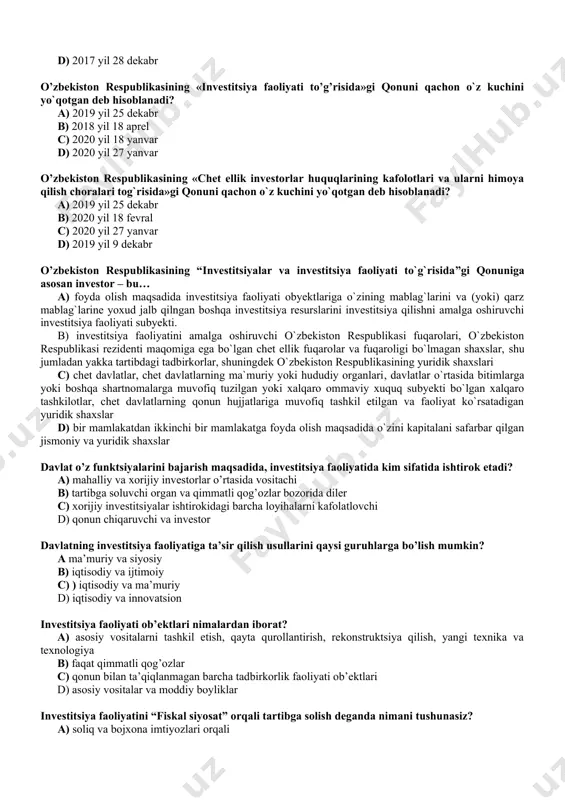 zlar va boshqa moliyaviy vositalarga (aksiya, obligatsiya, nota, depozit sertifikatlari, xorijiy valyuta, hukumat obligatsiyalari va qarzlar) yo’naltiriladigan investitsiyalar. c) ko’chmas mulkka (bino, inshoot) va uning ishlashi uchun zarur bo’lgan ishchi kapitalga (xom ashyo, zahiralar, pul mablag’lari va b.) yo’naltiriladigan investitsiyalar, shuningdek nomoddiy aktivlarga (litsenziya, patent, savdo markasi va b.) yo’naltiriladigan investitsiyalar. d) moliyaviy, moddiy va inson resurslarining umumiy qiymati bir-biriga to’g’ri keladigan investitsiya loyihalari real investitsiyalar - bu? a) ko’chmas mulkka (bino, inshoot) va uning ishlashi uchun zarur bo’lgan ishchi kapitalga (xom ashyo, zahiralar, pul mablag’lari va b.) yo’naltiriladigan investitsiyalar, shuningdek nomoddiy aktivlarga (litsenziya, patent, savdo markasi va b.) yo’naltiriladigan investitsiyalar. b) belgilangan davrda iqtisodiyotning joriy holatini xarakterlaydigan xususiyatlar yig’indisi. c) qimmatli qog’ozlar va boshqa moliyaviy vositalarga (aksiya, obligatsiya, nota, depozit sertifikatlari, xorijiy valyuta, hukumat obligatsiyalari va qarzlar) yo’naltiriladigan investitsiyalar. d) moliyaviy, moddiy va inson resurslarining umumiy qiymati bir-biriga to’g’ri keladigan investitsiya loyihalari investitsiya loyihasi - bu? a) biznes, faoliyat, …