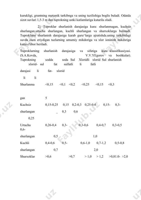 so4, co3, nso3 larning tabiiy sharoitidagi xar xil kombinasiyalardan tashkil topgan kuyidagi tuzlar xosil bulishi mumkiya: nacl, na2so4, na2co3, nahcos, mgcl2, mgs04, mgc03, mg(hco3)2, cacl2, caso4, caco3, ca (hco3)2. tabiatda nitratli shurxoklar (kno3, nanq3) juda kam uchraydi. bunday shurxoklar kadimgi shaxar, kurgon, karvon—saroy, kuylar yotadigkan joylarda nacl, caso4p mgcl2, mgcl2, mgso4, tuzlar bilan aralashgan xolda uzbekistan, tojikiston, turkmaniston va boshka jumxuriyatlarning, ayniksa chul rayonlarida uchraydi. tuprokda uchraydigan tuzlarni zararlilik darajasi buyicha kuyidagicha joylashtirish mumkin: tuzlar na2co3 nacl mgcl2 mgso4 nahco3 na2so4 zararlik darajasi 10 5-6 3-5 3 1 tuzlarning xarakatchanligi va zararliligi ularning suvda erishiga boglik. v-a.kovda (1946) kup yillik tadkikotlarni umumlashtirib, shurlanish tipiga kura bir-biridan fars kiluvchi turtta viloyatni ajratdi: 1. tuproklarning xlorli shurlanish viloyati. 2. tuproklarning sulfat-xlorli shurlanish viloyati. 3. tuproklarning xlor-sulfatli shurlanish viloyati. 4. tuproklarning sulfat-sodali shurlanish viloyati. ekinlarning rivojlanishiga shurlanishning ta'siri. tuproklarning shurlanishi-ekinlar xosilini keskin ravishda kamaytirib yuboradi. kuchli shurlangan erlarda esa usimliklar butunlay usmay, nobud …