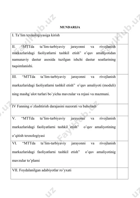ta`limiy jarayonni tashkil etish amaliy 26 26. katta va tayyorlov guruh yoshidagi bolalar bilan “yer sayyorasi” mavzusida ta`limiy jarayonni tashkil etish…………………………………………………… amaliy 27 27. transport ko`cha harakati qoidalari. (kichik va o`rta guruh)“transport bilan tanishiuv”, “yer usti transporti” mavzusida ta`limiy jarayonni tashkil etish amaliy 28 28. transport ko`cha harakati qoidalari. (katta va tayyorlov guruh)“havo, suv va yer usti transporti” mavzusida ta`limiy jarayonni tashkil etish amaliy vi-bo’lim. mttda mashg’ulotdan tashqari vaqtlardagi ishlari 29 mttda “odobnoma” mavzulari bo`yicha ta’lim-tarbiyaviy ishlarrni loyihalash. amaliy 30 30. mttda “zumradoylar davrasi” to`garagi ish mazmuni amaliy kirish koson pedagogika kollejida “maktabgacha ta’lim” kafedrasi o’qituvchilari tomonidan “maktabgacha ta`lim muassasalari tarbiyachisi” 1-bosqich o’quvchilariga 1-semestrida o’qitiladi. ushbu fan oliy va o’rta maxsus, kasb-hunar ta'limi vazirligi 2020-yil ---- dekabrdagi 1-sonli buyrug’i bilan tasdiqlangan na`munaviy dastur asosida o’qitiladi. maktabgacha ta'lim tashkilotiidata’lim tarbiyaviy jarayonlarni tashkil etish fani namunaviy dastur asosida o’quv-uslubiy majmua va ishchi dasturga ega. ta’lim strategiyasi maktabgacha ta’limning yuqori sifatini kafolatlashi kerak. …