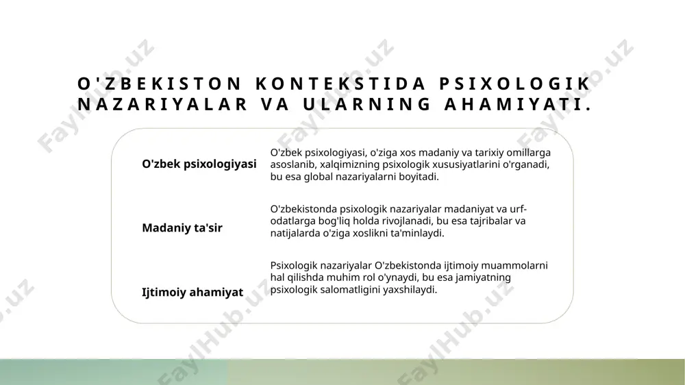 ular shaxsiy va ijtimoiy muammolarni yechishda muhim rol o'ynaydi. 2 o'zbek madaniyatidagi o'ziga xoslik o'zbek psixologiyasida madaniyatning o'ziga xosligi ahamiyatga ega. milliy qadriyatlar va an'analar psixologik nazariyalarni shakllantirishda muhimdir. 3 tadqiqotlar va natijalar psixologik nazariyalar asosida amalga oshirilgan empirik tadqiqotlar bir qancha qiziqarli natijalarni taqdim etadi. bu natijalar amaliyotga qo'llash imkoniyatini ochadi. foydalanilgan adabiyotlar 1. psixologik nazariyalar: nazariy va amaliy jihatlari. o'zbekiston respublikasi oliy va o'rta maxsus ta'lim vazirligi, 2022 2. o'zbekiston psixologiyasining madaniy o'ziga xosligi. o'zbekiston fanlar akademiyasi, 2021 3. madaniyat va psixologiya: o'zbekistondagi ta'sirlar. jahon psixologiya jurnali, 2023 4. kross-madaniy psixologiya: o'zbekiston konteksti. o'zbekiston milliy universiteti, 2020 5. psixologik nazariyalar va ularning zamonaviy tadqiqotlari. o'zbekiston psixologiya jamiyati, 2023 e'tiboringiz uchun rahmat! /docprops/thumbnail.jpeg