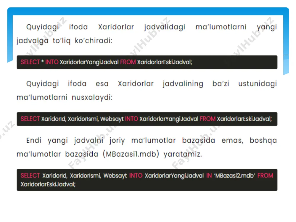 sql murakkab select va insert ifodalar (select into, insert into select) - Page 4
