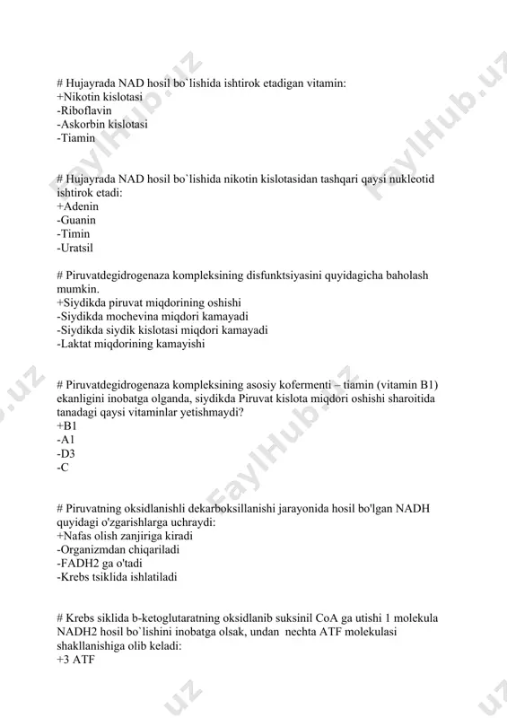 batga olsak, undan nechta atf molekulasi shakllanishiga olib keladi: +3 atf -1atf -4 atf -6 atf # uglevodlarni hazm bo`lishi amilaza fermenti ta`sirida qaerdan boshlanadi? +og'iz bo'shlig'ida -oshqozonda -o'n ikki barmoqli ichakda -ingichka ichakda # uglevodlarning hazm bo'lishida ishtirok etadi. +amilaza -pepsin -glyukoza-6-fosfataza -amilo-1,7-glikozidaza # qaysi ovqat tarkibida kraxmal bor? +kartoshka -sut va sut mahsulotlar1 -go'sht -jigar # tanadagi glyukozaning asosiy manbalari? +glyukoneogenez -glikoliz -glikogen sintezi -pentozоfosfat yo'li # anaerob glikolizning oxirgi mahsuloti? +laktat -glyukozo-6-fosfat -fosfoenolpiruvat -asetil-koa # miya to'qimalarining normal ishlashi uchun asosiy energiya manbai: +glyukoza -saxaroza -dekstrinlar -glikogen # glukoza oksidlanishining pentozofosfat yo'lida hosil bo‘ladigan moddani toping: +ribulozo-5-fosfat -aminokislota -yog` kislotasi -kreatinin # aerob sharoitda asetil-koa ga glyukozaning oksidlanish jarayonida 4 mol nadh2 hosil bo`ladi, u qancha atf hosil bo'lishiga olib keladi: +12 atf -2 atf -6 atf -1 atf # spirtli bijg`ish natijasida qaysi modda hosil bo`ladi? +etil spirti -propil spirt -metil spirt -butil spirt # sutli …