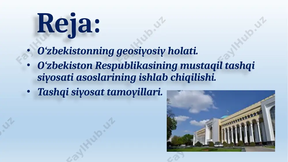 na qolmay, ularni eksport qilish imkoniyatiga ega. o‘zbekiston respublikasining yerostida amaldagi mendeleyev davriy tizimining barcha elementlari mavjud. tabiiy iqlim sharoiti qulay, ulkan mineral – xomashyo zaxiralari va strategik materiallarga ega, dehqonchilik madaniyati rivojlangan, oziq-ovqat bilan o‘zini ta’minlashga qodir. o‘zini neft, gaz, rangli metallar bilan ta’minlabgina qolmay, ularni eksport qilish imkoniyatiga ega. o‘zbekiston respublikasining yerostida amaldagi mendeleyev davriy tizimining barcha elementlari mavjud. pokiston qirg‘iziston tojikiston o‘zbekiston fors ko‘rfazi, kaspiy dengizi havzasi va tarim havzasining neft va gazga juda boy konlari joylashgan yarim halqaning strategik markazida joylashgan. mazkur imkoniyatlar orqali o‘zbekiston geosiyosiy joylashuvini noqulayliklar ham mavjud. bu hududda butun dunyoda energiya taqchilligi sharoitida ko‘pgina davlatlarning bir-biriga mos kelmaydigan manfaatlari o‘zaro to‘qnashmoqda. dunyodagi kuchli davlatlar mazkur mintaqada o‘z manfaatlarini izlamoqda. o‘zbekiston mintaqadagi etnik murosasizlik, narkobiznes va har xil tashqi kuchlar tomonidan rag‘batlantirilib kelinayotgan, ichki mojarolar hali ham tugatilmagan afg‘oniston kabi davlat bilan chegaradoshdir. - o‘zbekiston bevosita dengizga chiqa olmaydigan, buning ustiga dengiz portlaridan …