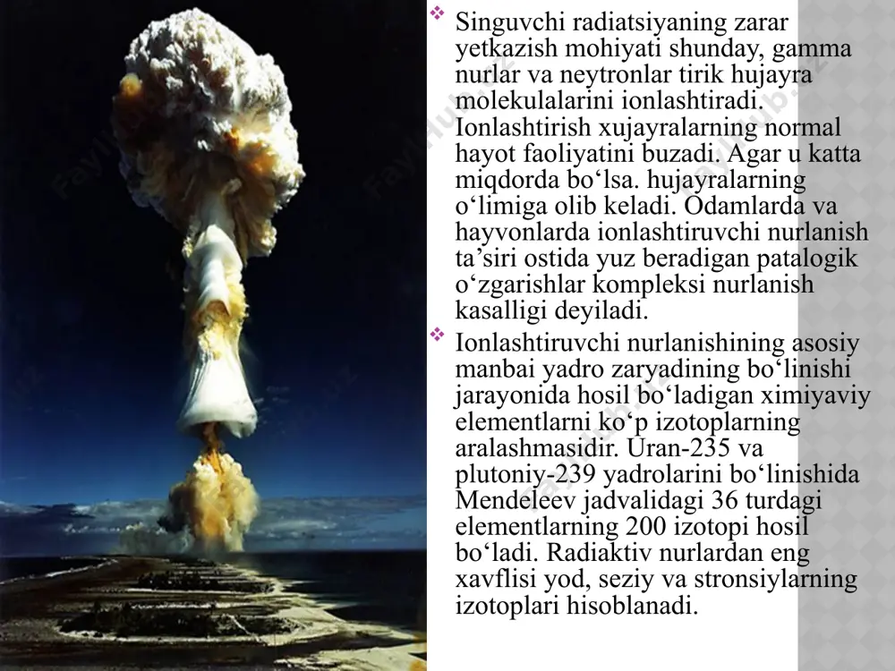 onida yong‘inlarni tashkil qilishda qo‘llaniladi. yondiruvchi qurolni batalon (vzvod) da qoidaga ko‘ra, ixtiyoriga berilgan olov sochuvchi bo‘linmalar qo‘llaydi. zararlangan hudud, vayrona, yong‘in va suv bosgan rayonlarda shaxsiy tarkibning xavfsizligi va himoyasini ta’minlashga quyidagilar bilan erishiladi: komandirlar tomonidan harakatlar rayonida radiatsion, kimyoviy va biologik (bakteriologik) vaziyatni bilish; shaxsiy tarkibning individual va jamoaviy himoya vositalari, fortifikatsion inshootlar, texnika va joyning himoya xususiyatlarini o‘z vaqtida va mohirona qo‘llay olish; zararlangan zonalar, vayrona, yong‘in va suv bosgan rayonlarda harakat qilishning eng qulay usullarini tanlay olish va ularni bosib o‘tish; zararlangan joyda shaxsiy tarkibning o‘zini tutish qoidalariga qat’iy rioya qilish. radiatsion, kimyoviy va biologik (bakteriologik) zararlanish darajasi yuqori bo‘lgan zonalar, vayrona, yong‘in va suv toshgan rayonlar qoidaga ko‘ra aylanib o‘tiladi. aylanib o‘tish imkoniyati bo‘lmasa, shaxsiy tarkib va texnikani eng oz zararlanishi va zaharlanishini ta’minlaydigan maksimal tezlikda bosib o‘tiladi. radiatsiya darajasi yuqori bo‘lgan zonalarni aylanib o‘tish yo‘llari va yo‘nalishlarini aniqlash uchun maxsus tayyorlangan dozor guruhcha (tank) …