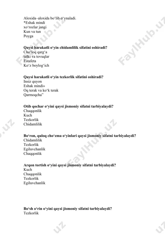 ropa chempionatida qaysi terma jamoalar faxrli 1-4 o‘rinni egallagan? 1. sssr 2.yugoslaviya 3. chexoslovakiya 4. frantsiya 1. angliya 2. sssr 3. frantsiya 4. germaniya 1. sssr 2. frantsiya 3. germaniya 4. yugoslaviya 1. angliya 2. frantsiya 3. germaniya 4. sssr qachon va qayerda futbol bo‘yicha 4 olimpiada o‘yinlari o‘tkazilgan hamda qaysi terma jamoalar faxrli 1-3 o‘rinlarni egallagan? 1908-yil angliyada 1. angliya 2. daniya 3. niderlandiya 1910-yil aqshda 1. aqsh 2.kanada 3. daniya 1912-yil rossiyada 1. rossiya 2. germaniya 3. argentina 1904-yil frantsiyada 1. frantsiya 2. germaniya 3. argentina futbol bo‘yicha xii osiyo o‘yinlari qachon va qayerda o‘tkazilgan hamda o‘zbekiston terma jamoasi finalda qaysi terma komanda bilan o‘ynab1 o‘rinni egalladi? 1994 y. xirosimada xitoy terma komandasi 1993-y. eronda xitoy terma komandasi 1995-y. xirosimada eron terma komandasi 1994-y. xitoyda eron terma komandasi paxtakor futbol jamoasi qachon tashkil topgan? 1956 yil 1957 yil 1955 yil 1958 yil osiyo futbol konfederatsiyasi nechanchi yili tashkil …